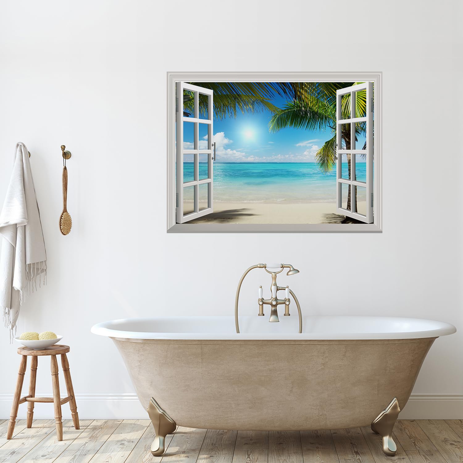 wall26 White Sand Beach with Palm Tree Open Window Wall Mural  Removable Sticker  Home Decor - 36x48 inches