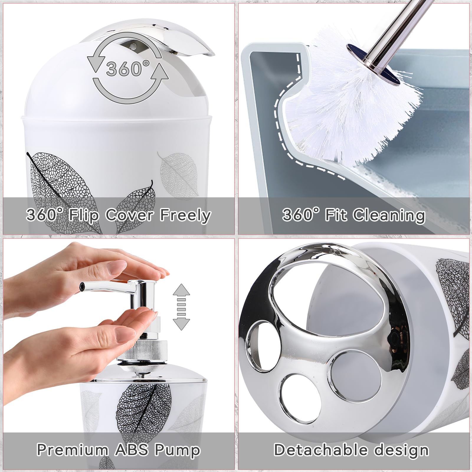 8 Piece Grey Bathroom Sets With Toothbrush Holder,Toothbrush Cup,Lotion Soap Dispenser,Soap Dish,Toilet Brush,Trash Can,Qtip Hol