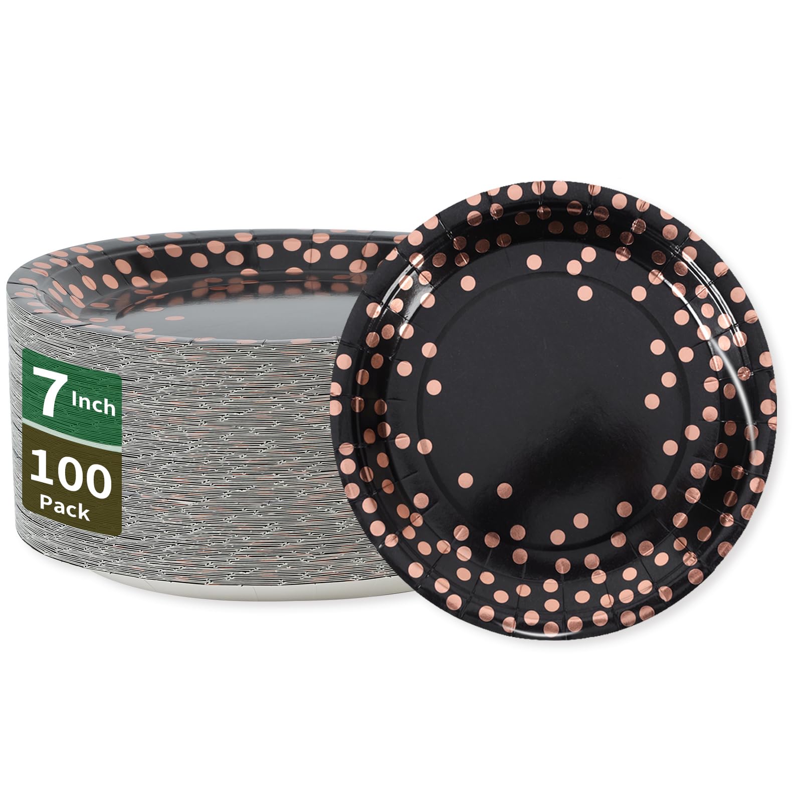 Cenlbj Black And Rose Gold Paper Plates,100 Pack Gold Dots Party Paper Plates,Disposable Party Supplies Dessert Paper Plates For