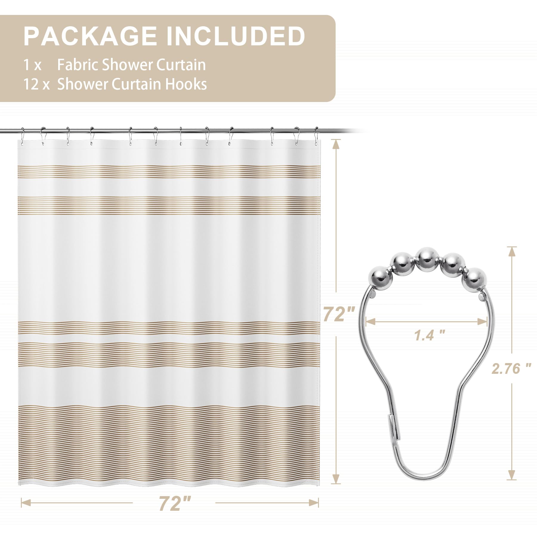 Amazerbath Neutral Shower Curtain, 72X72 Washable Cloth Light Tan Shower Curtain With 12 Shower Curtain Hooks, Fabric Khaki And