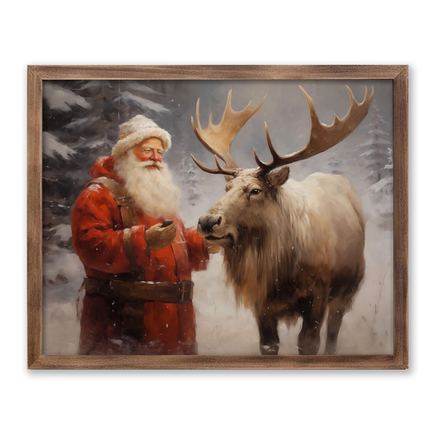 Santa'S Reindeer Print, Vintage Christmas Wall Art, Christmas Painting Decor Christmas Art, Santa Claus And Reindeer Xmas Home D