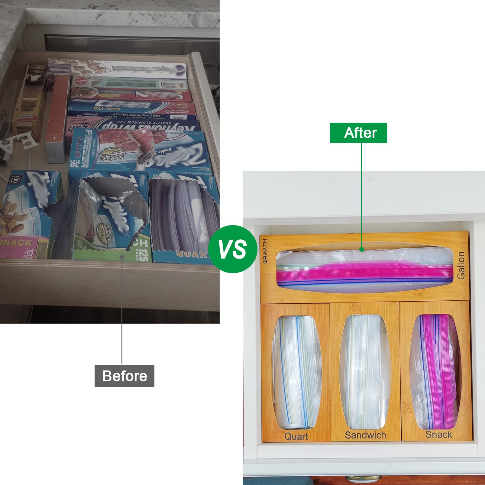 Crakth Bamboo Ziplock Bag Storage Organizer For Kitchen Drawer, 4 Separate Baggie Organizer, Suitable For Gallon, Quart, Sandwic