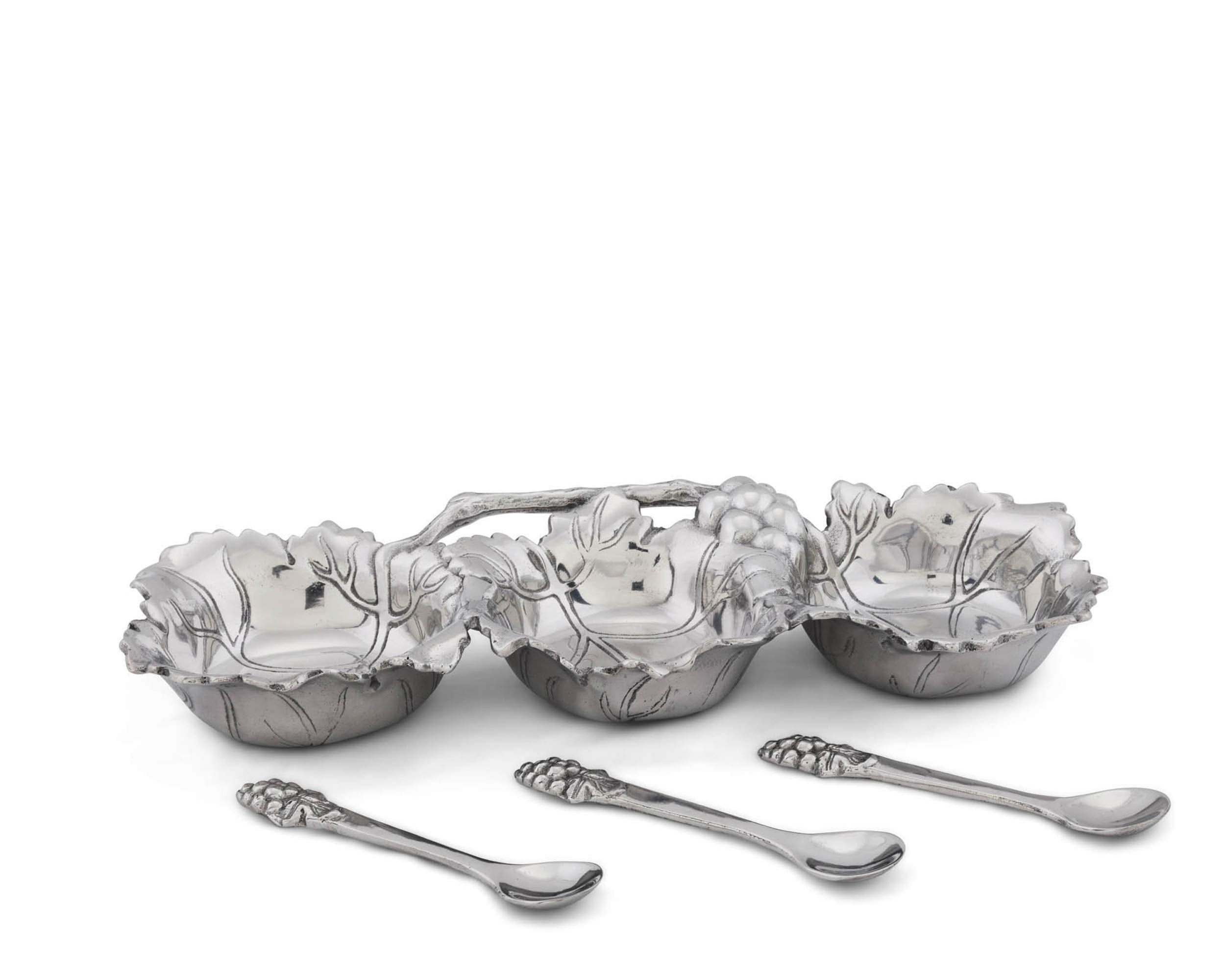 Arthur Court Designs Aluminum 3 Bowl Grape Condiment Server With Serving Spoons 13 Inch Across