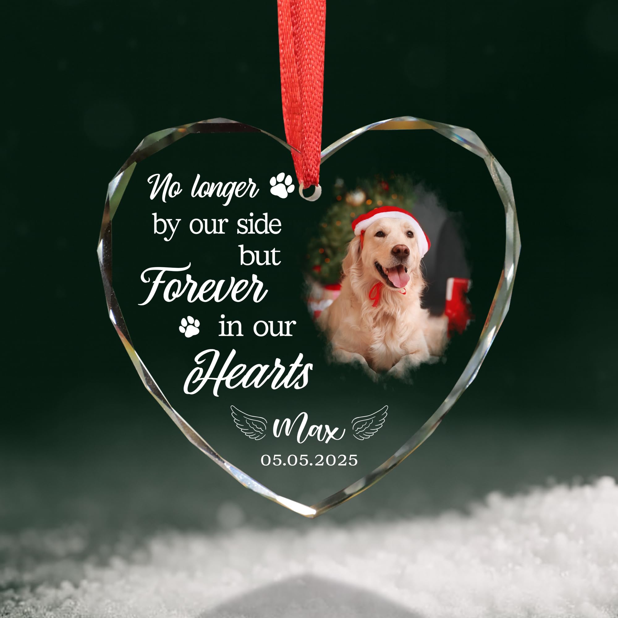 Custom Dog Photo Ornament 2025 - Dog Loss, Pet Sympathy, Remembrance Keepsake - No Longer by Our Side Glass Ornament for Christm