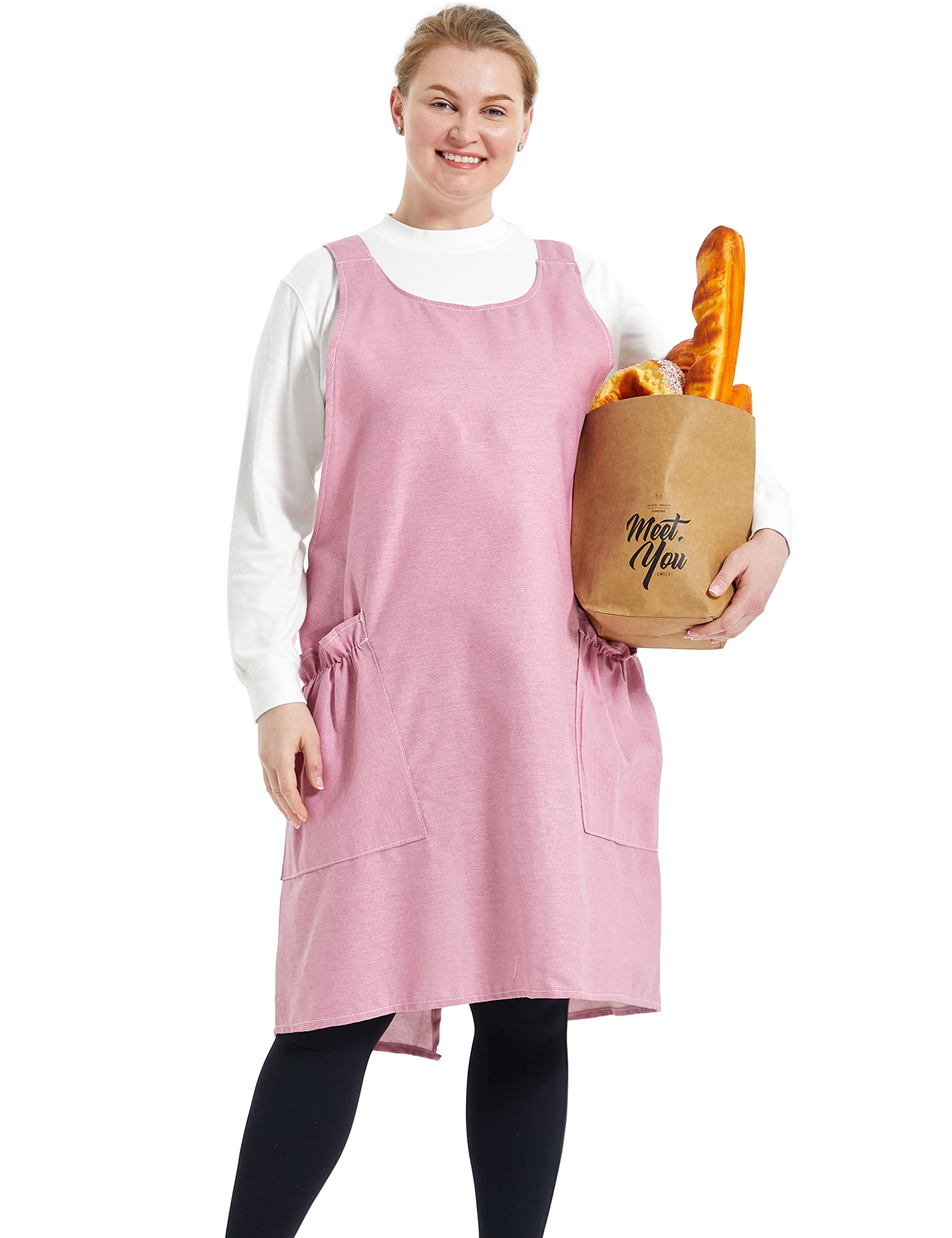 Apronner Big Plus Size Aprons For Women With Pockets Cotton Linen Baking Kitchen Cooking Pure Pink