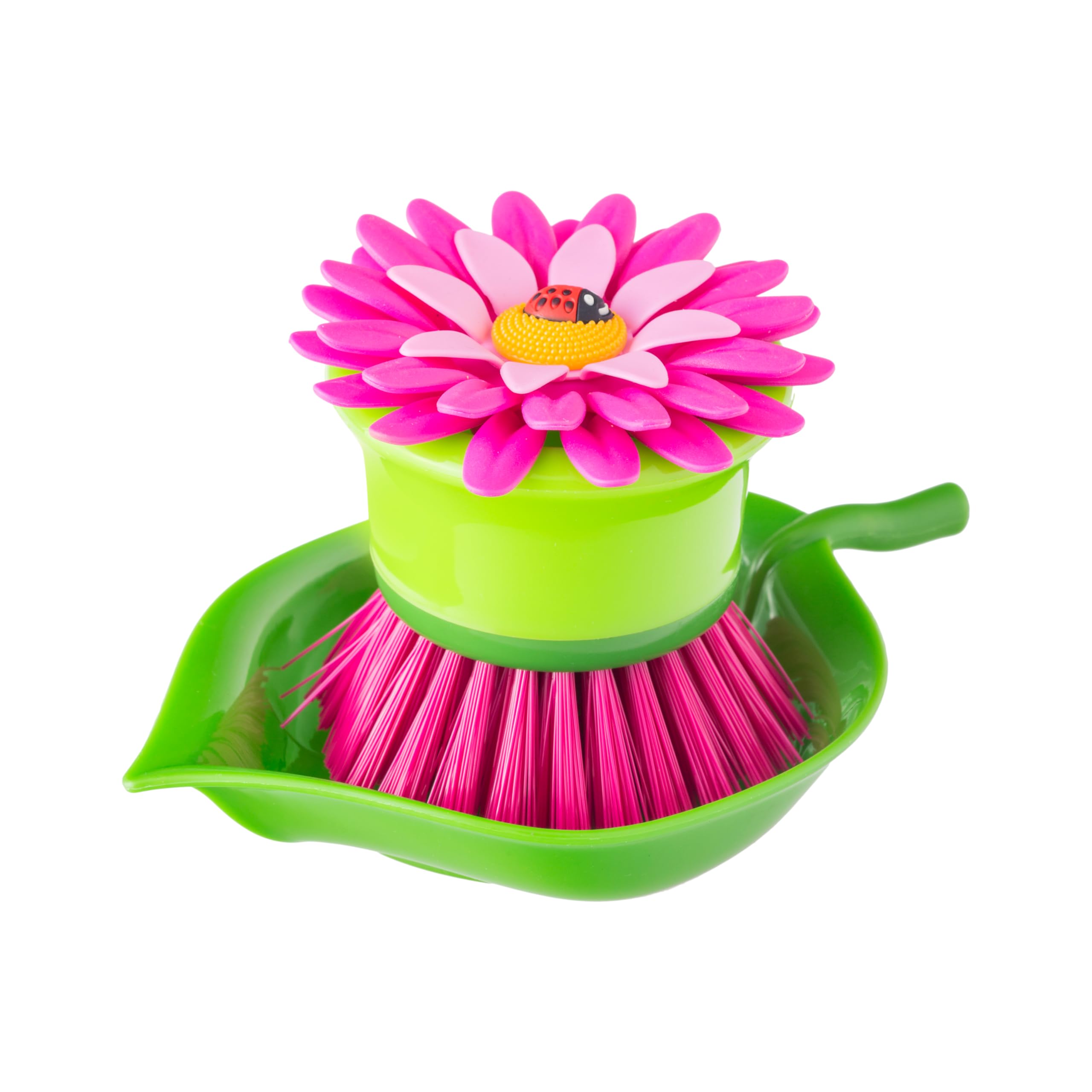 Vigar Flower Power Pink Palm Dish Brush With Holder, 5-3/4-Inches By 3-3/4-Inches, Pink, Green