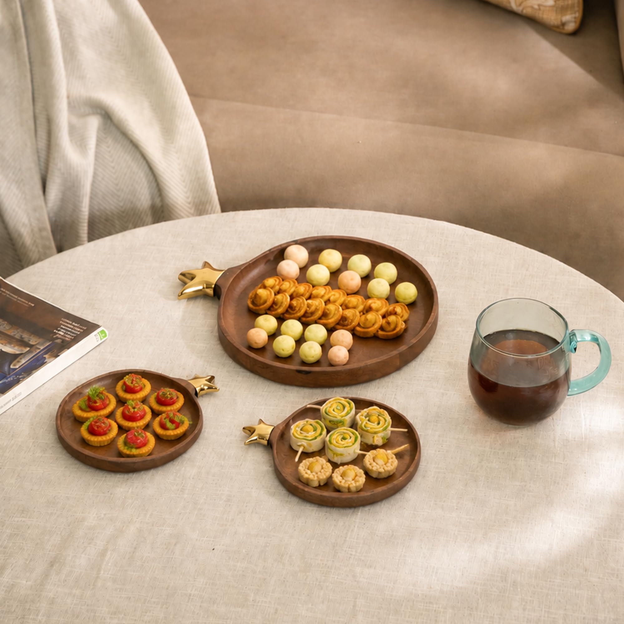 Dafl Anaar Allure Handcrafted Wooden Serving Platter Set Of 3 | Pomegranate Motif Design | Decorative Tray For Dining, Entertain