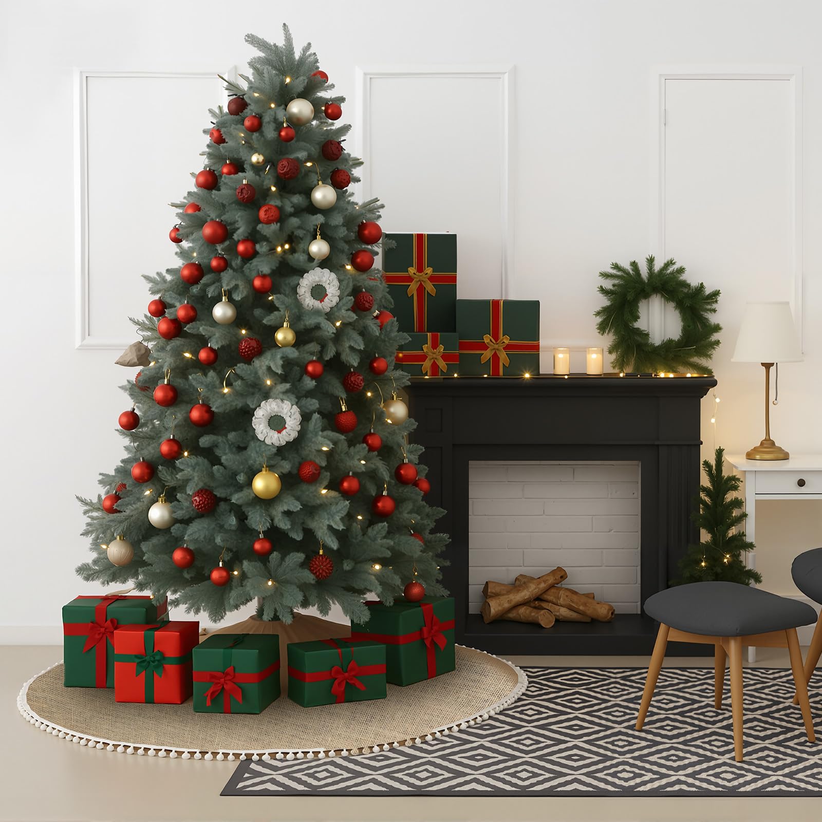 Syhood 60 Inch Large Christmas Tree Skirt Christmas Fall Linen Burlap Tree Skirt Base Cover with Pom Trim for Xmas Winter Home D