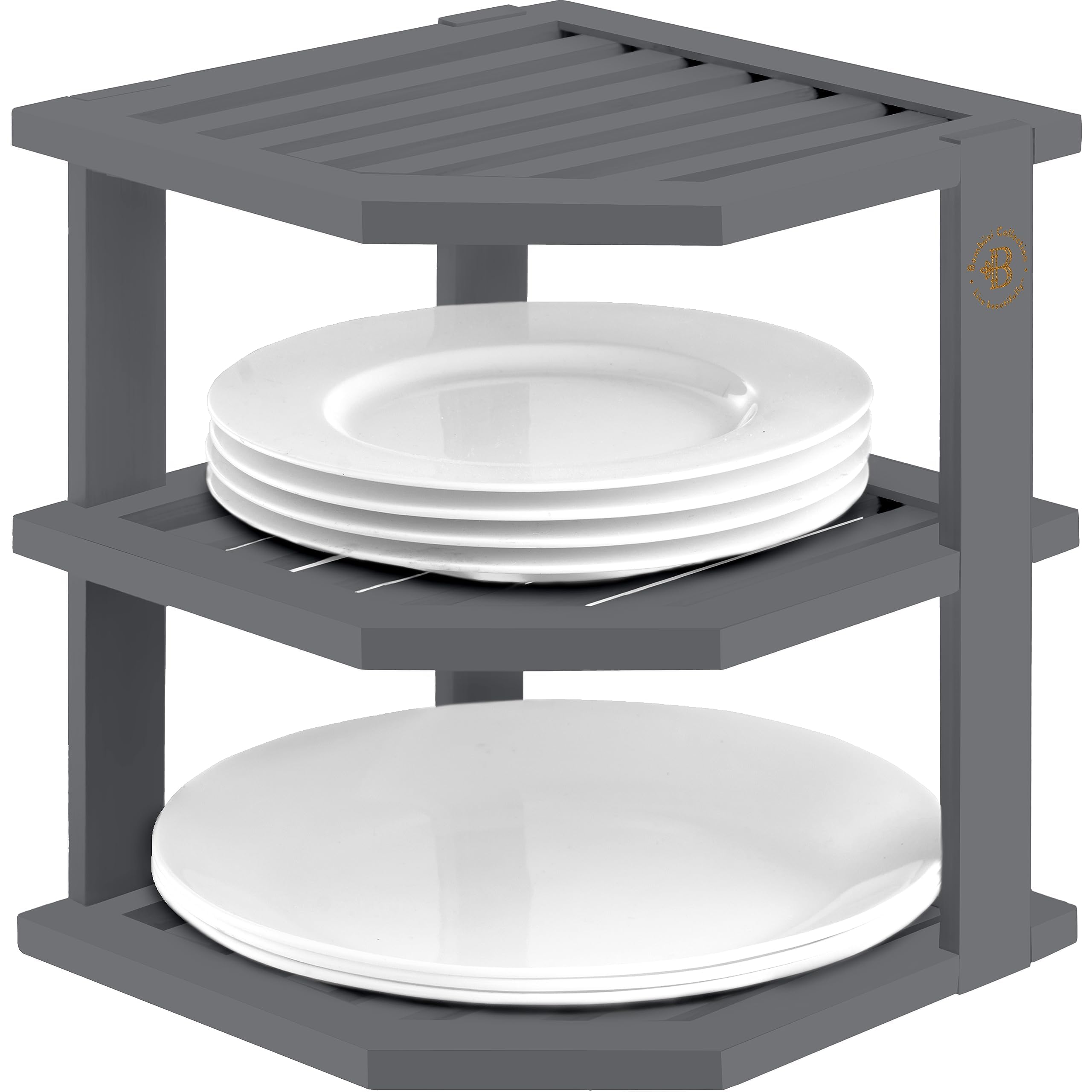 Bamb?si Bamboo Corner Shelf - Kitchen Countertop Organizer  Kitchen Counter Shelf - Corner Cabinet Organizer - Dish Organizer  Plate Organizer for Cabinet - Organizes and Saves Space (Grey)