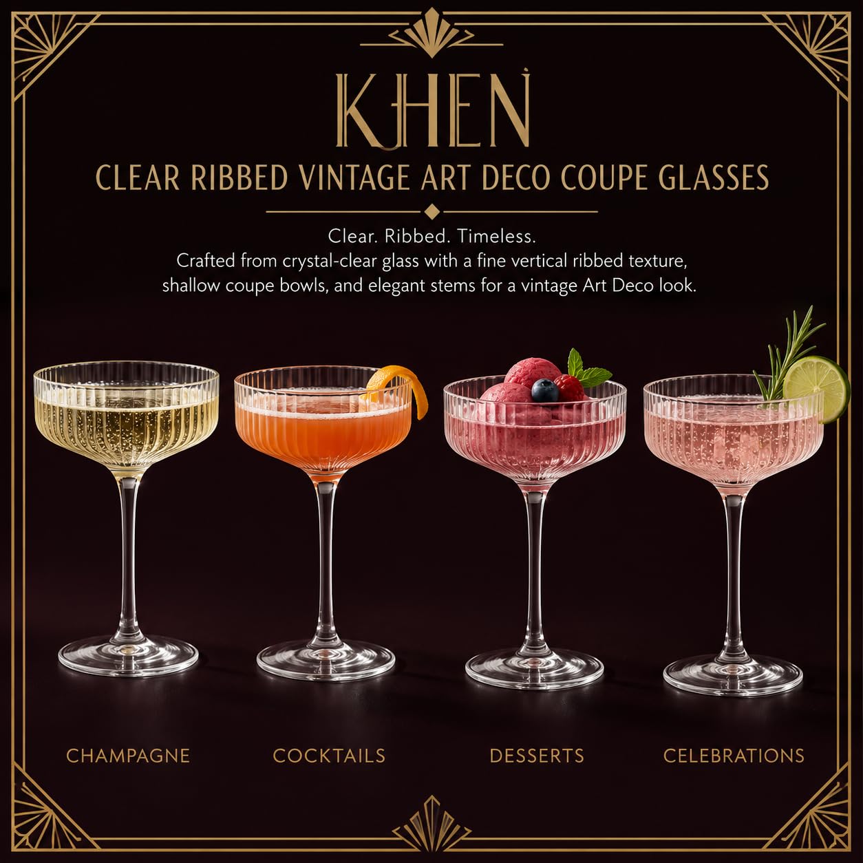 Como Ribbed Champagne Coupe Cocktail Glassware, Set of 12