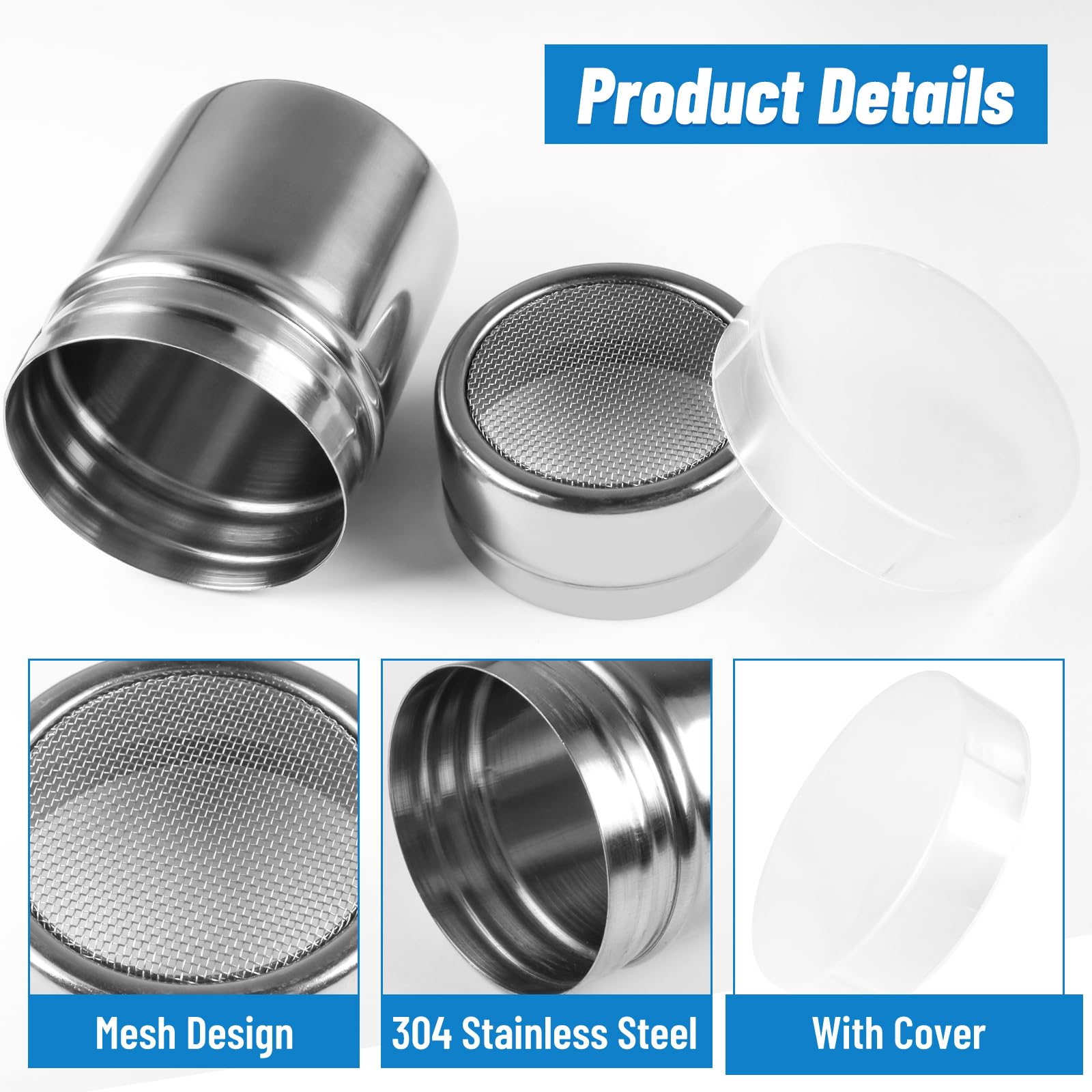 2 Pcs Powdered Sugar Shaker Duster With Handle, Stainless Steel Fine Mesh Shaker Powder Cans With Plastic Lid, Sifter Dredge Sha