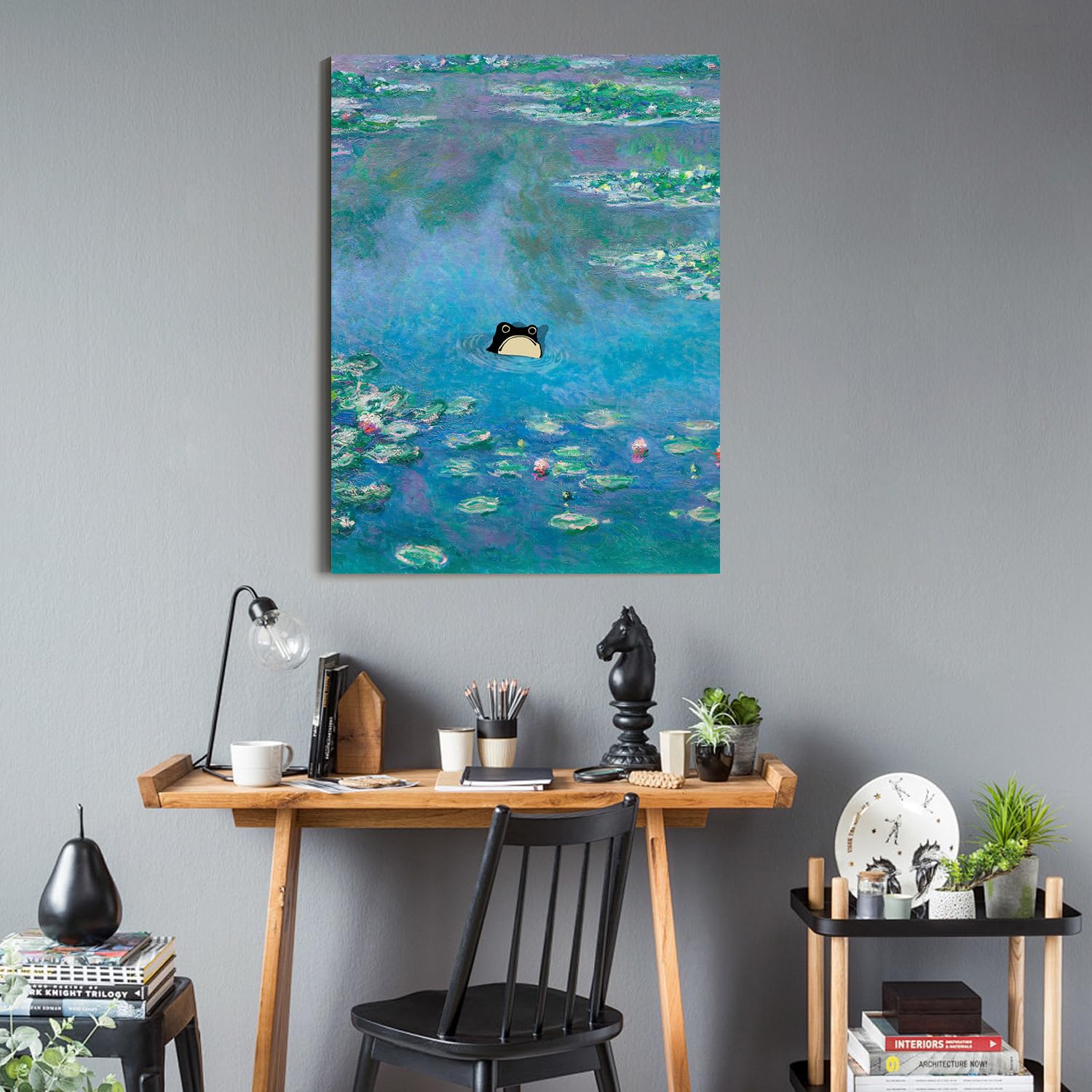 Roslynity Gallery Wall Art (Monet Waterlily Japanese Frog, 12''X16'' Framed)