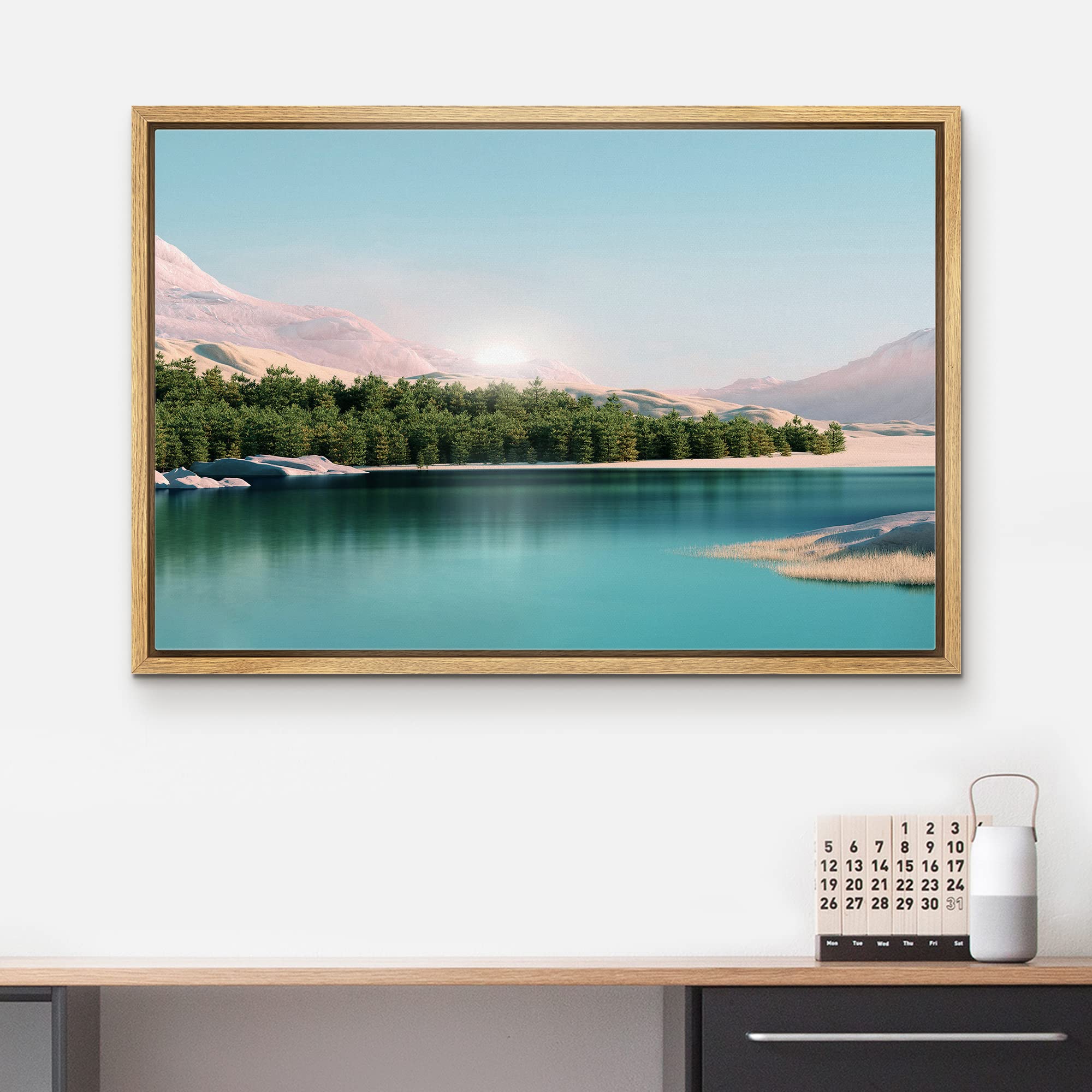 wall26 Framed Canvas Print Wall Art Pastel Mountain Forest Teal Lake View Nature Wilderness Photography Realism Earth Scenery Rustic Scenic Landscape for Living Room  Bedroom  Office - 16''x24'' NATURAL