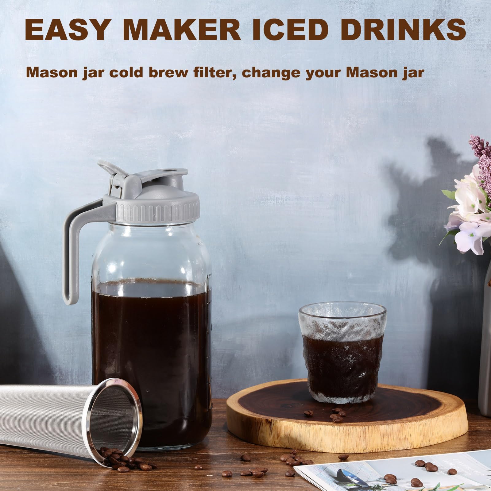 Cold Brew Coffee Filter With Pour Spout Lid For 64 Oz Wide Mouth Mason Jar, 304 Stainless Steel Strainer With Seal Ring For Iced