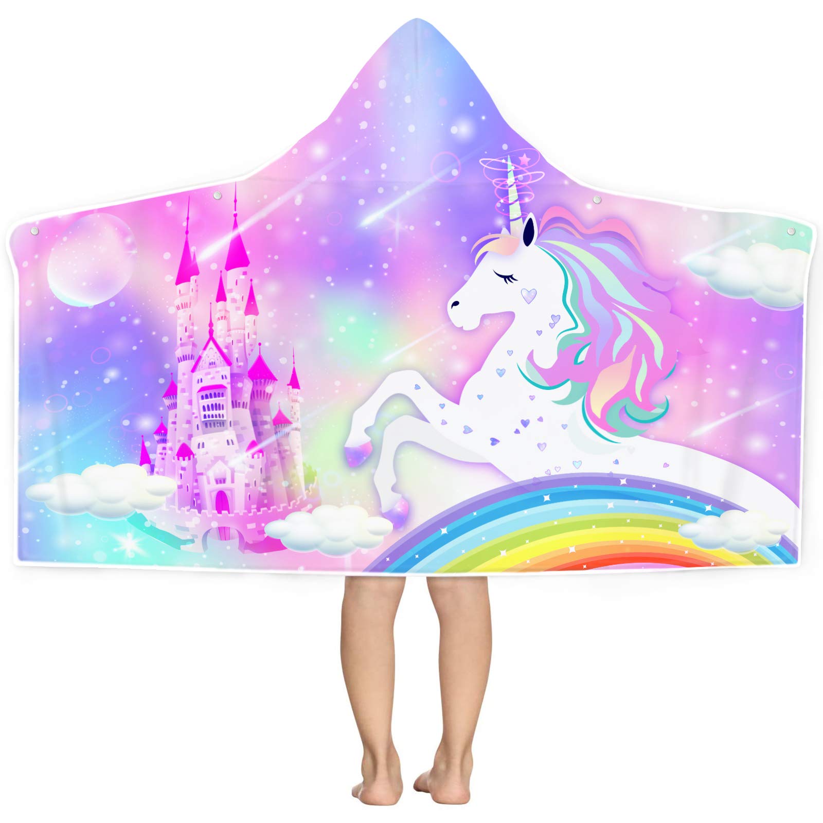 Bonsai Tree Unicorn Hooded Beach Towel For Kids, Cute Rainbow Toddler Bath Towel With Hood For Girls, Pink Magic Castle Microfib
