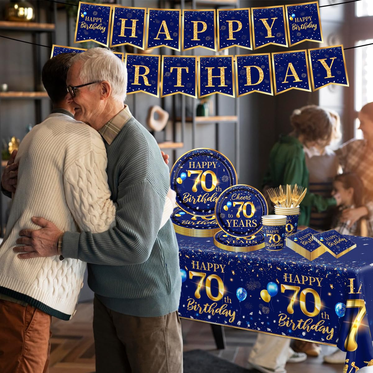 70Th Birthday Decoration Men-142Pcs Navy Blue And Gold Birthday Tableware Set(Serve For 20) Include Happy 70Th Birthday Banner P