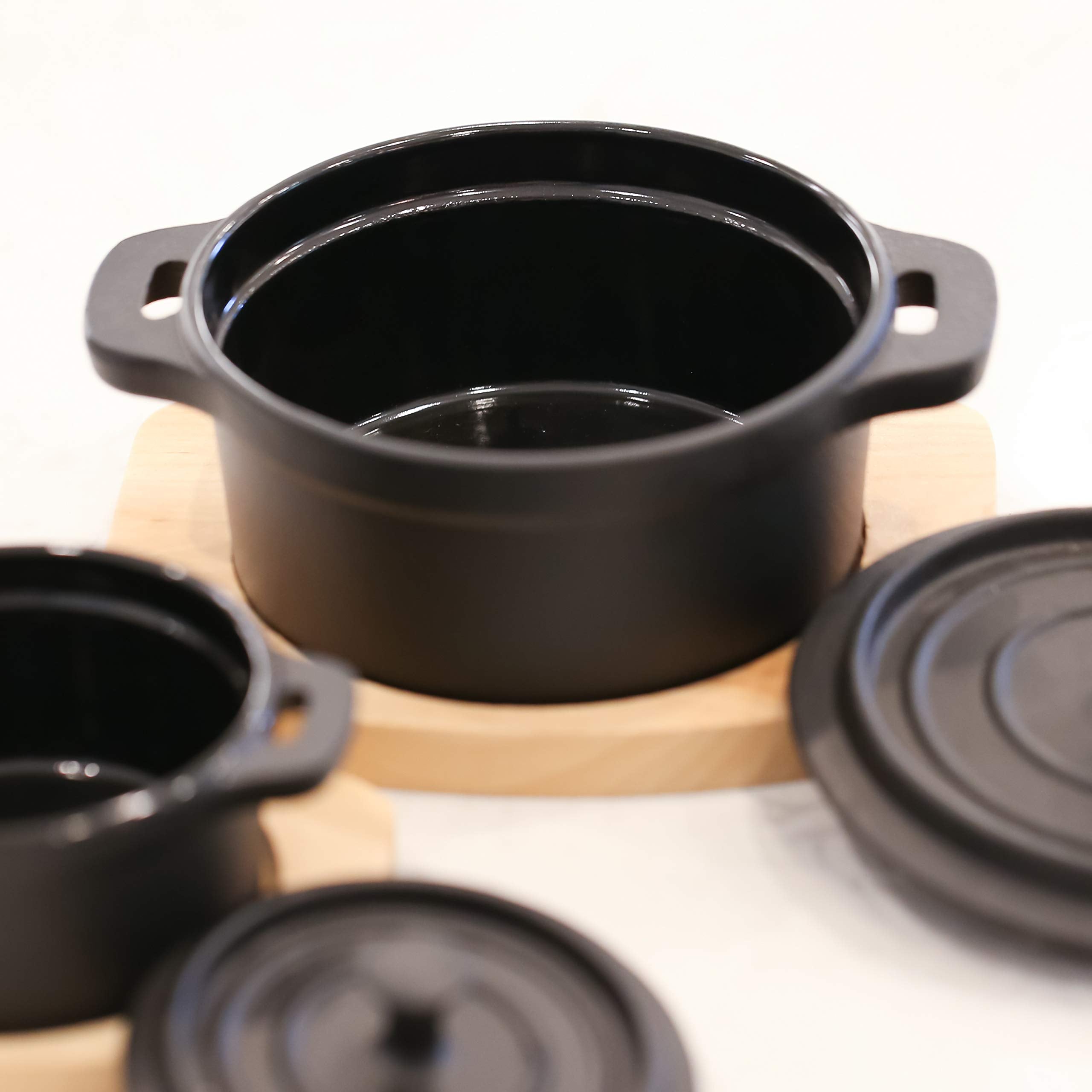 Frieling Cast Iron Mini Cocotte/Dutch Oven With Enamel Interior And Wood Trivet, 1.9 Cup, Black