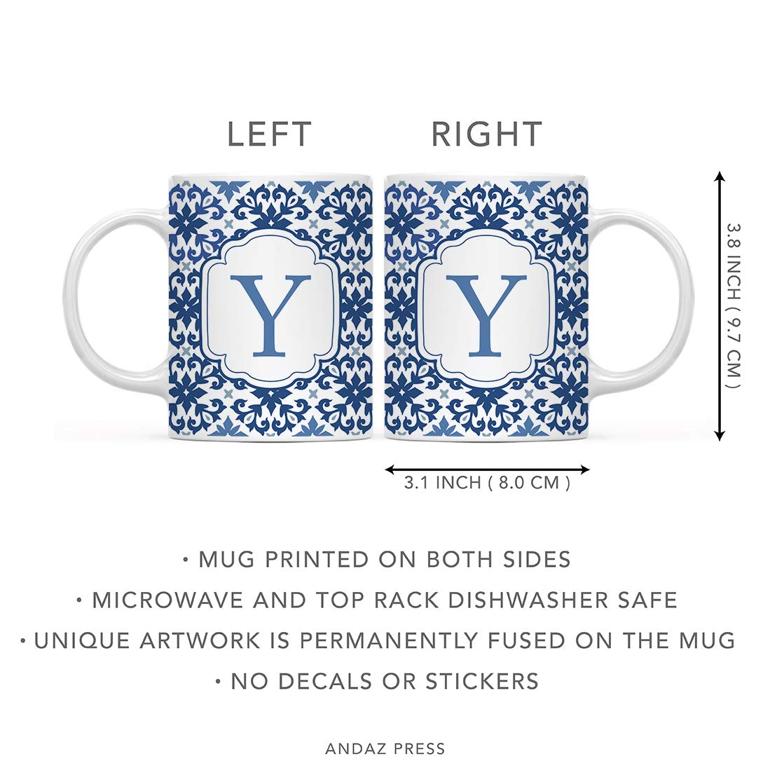 Andaz Press 11oz. Ceramic Coffee Tea Mug Gift, Moroccan Monogram Initial Letter Y, 1-Pack, for Her, Birthday Christmas Ideas, Mo