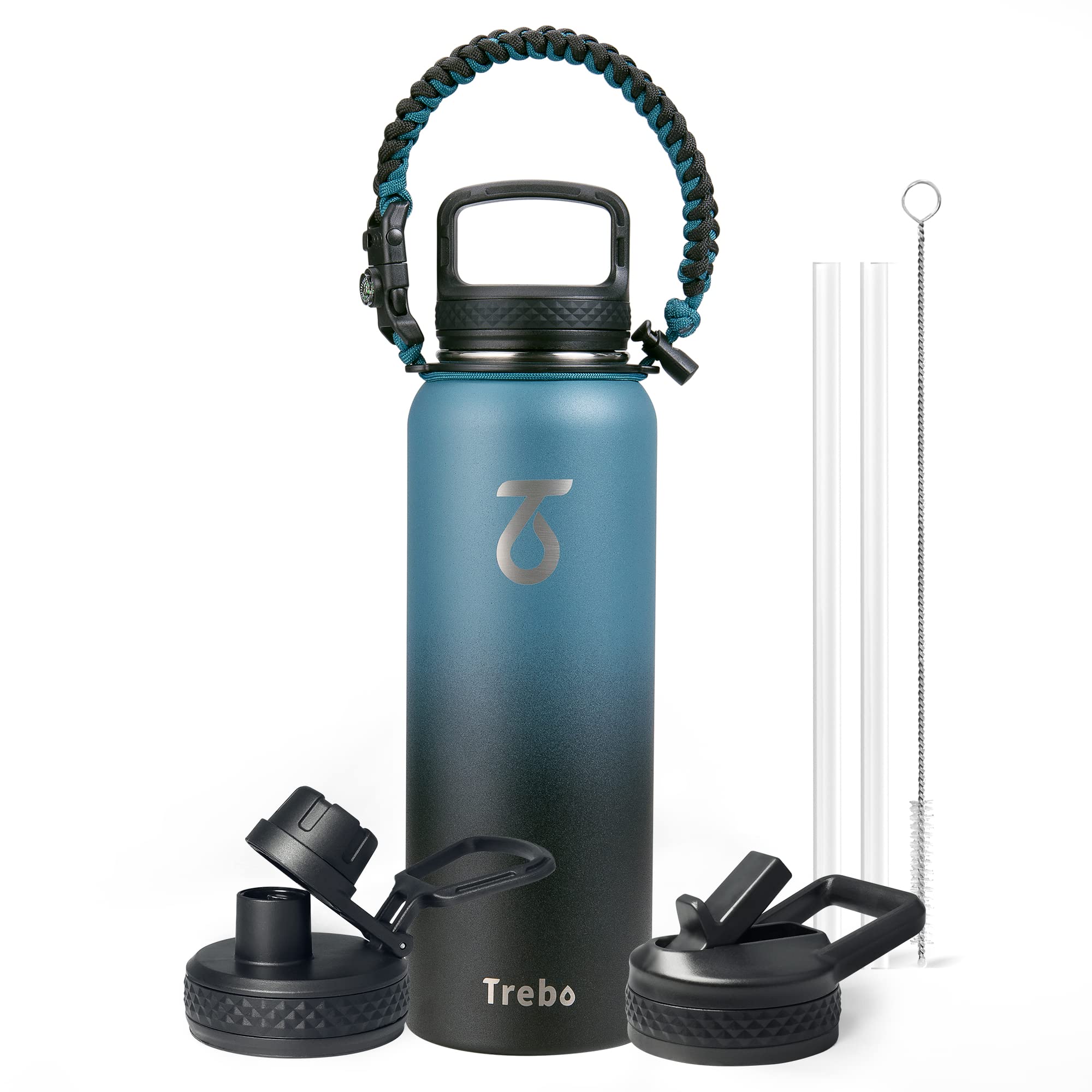 Trebo Water Bottle 40Oz With Paracord Handle,Food-Grade Double Wall Vacuum Stainless Steel Insulated Jug With Straw Spout Handle