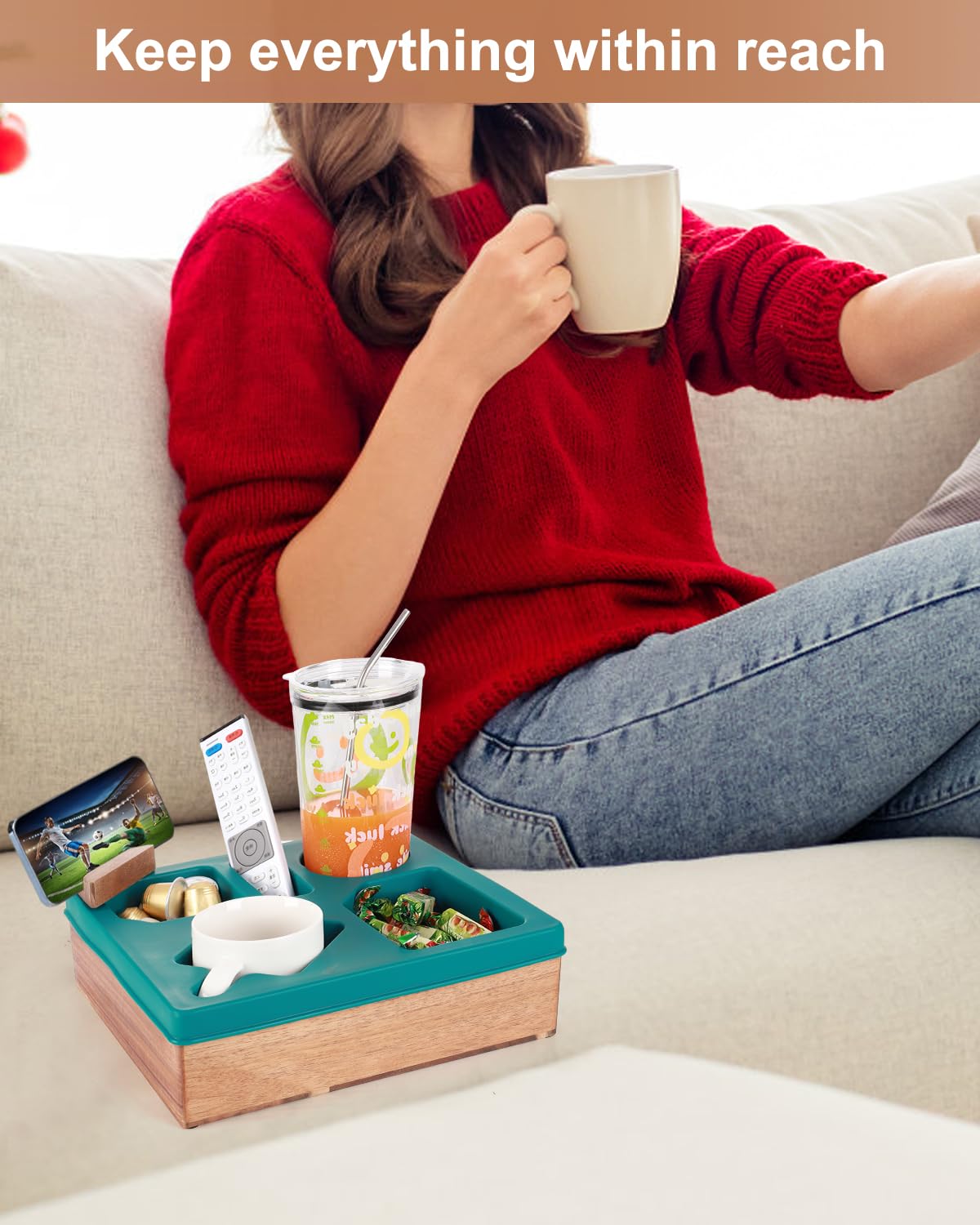 Couch Cup Holder Tray, Silicone Wooden Couch Caddy With Cup Holder For Snacks, Drinks, Remotes, Waterproof Cup Holder For Couch,