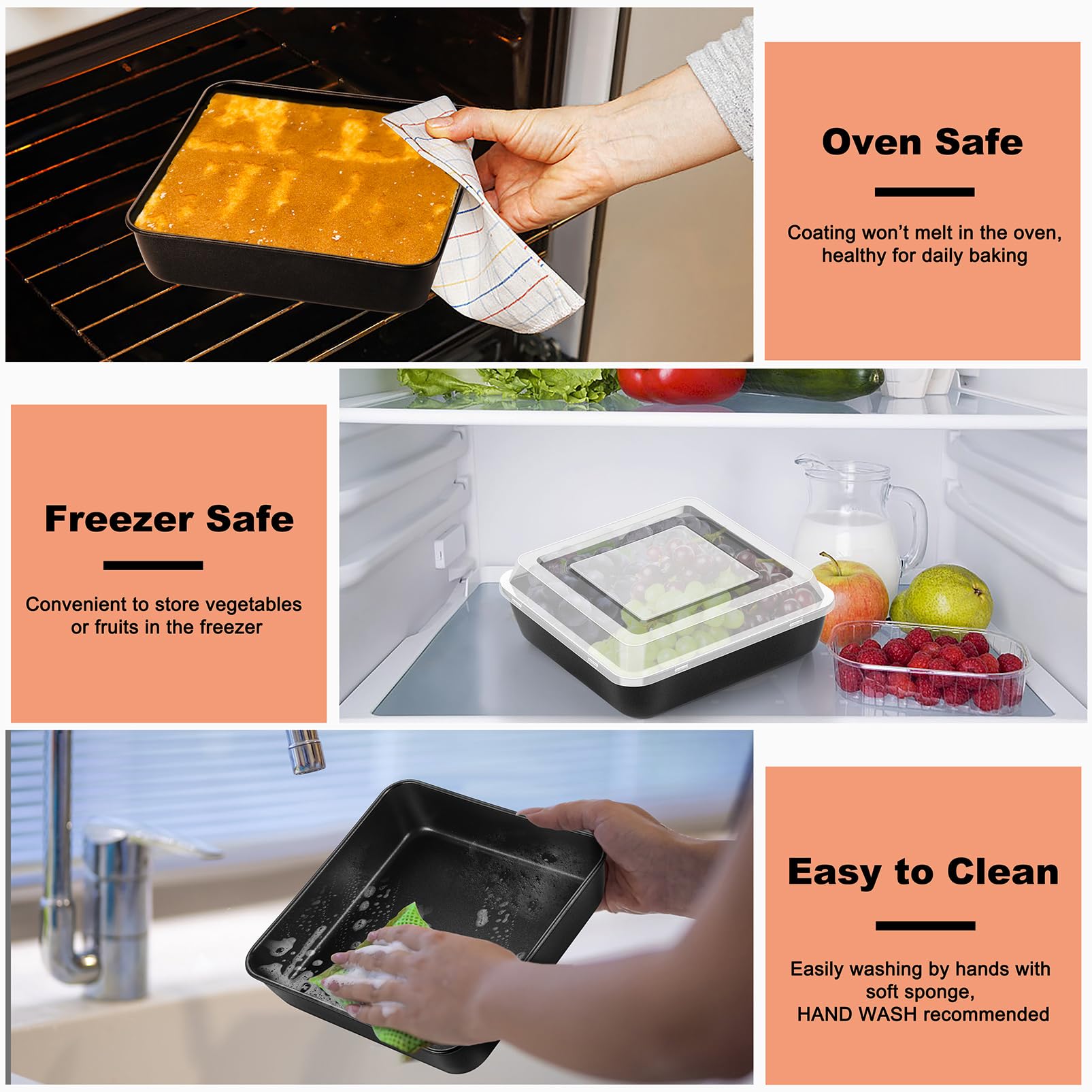 Teamfar Square Baking Pan, 8Inch Cake Pan With Lid With Stainless Steel Core & Nonstick Coating, For Baking Roasting, Nontoxic -