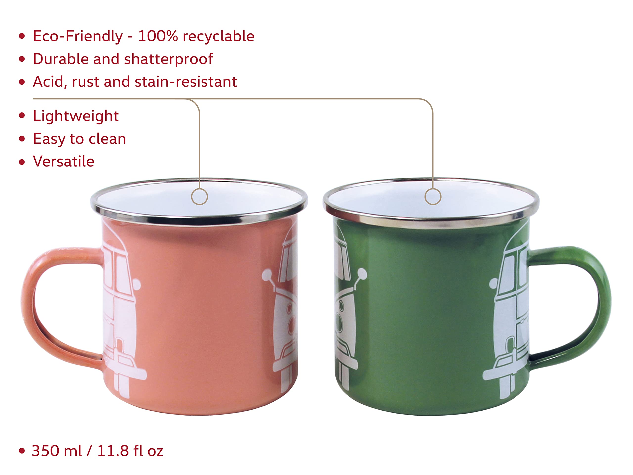 BRISA VW Collection - Volkswagen 2-piece Enamel Coffee-Tea Mug Cup Set for Camping & Outdoor T1 Bus (Green/Rose)