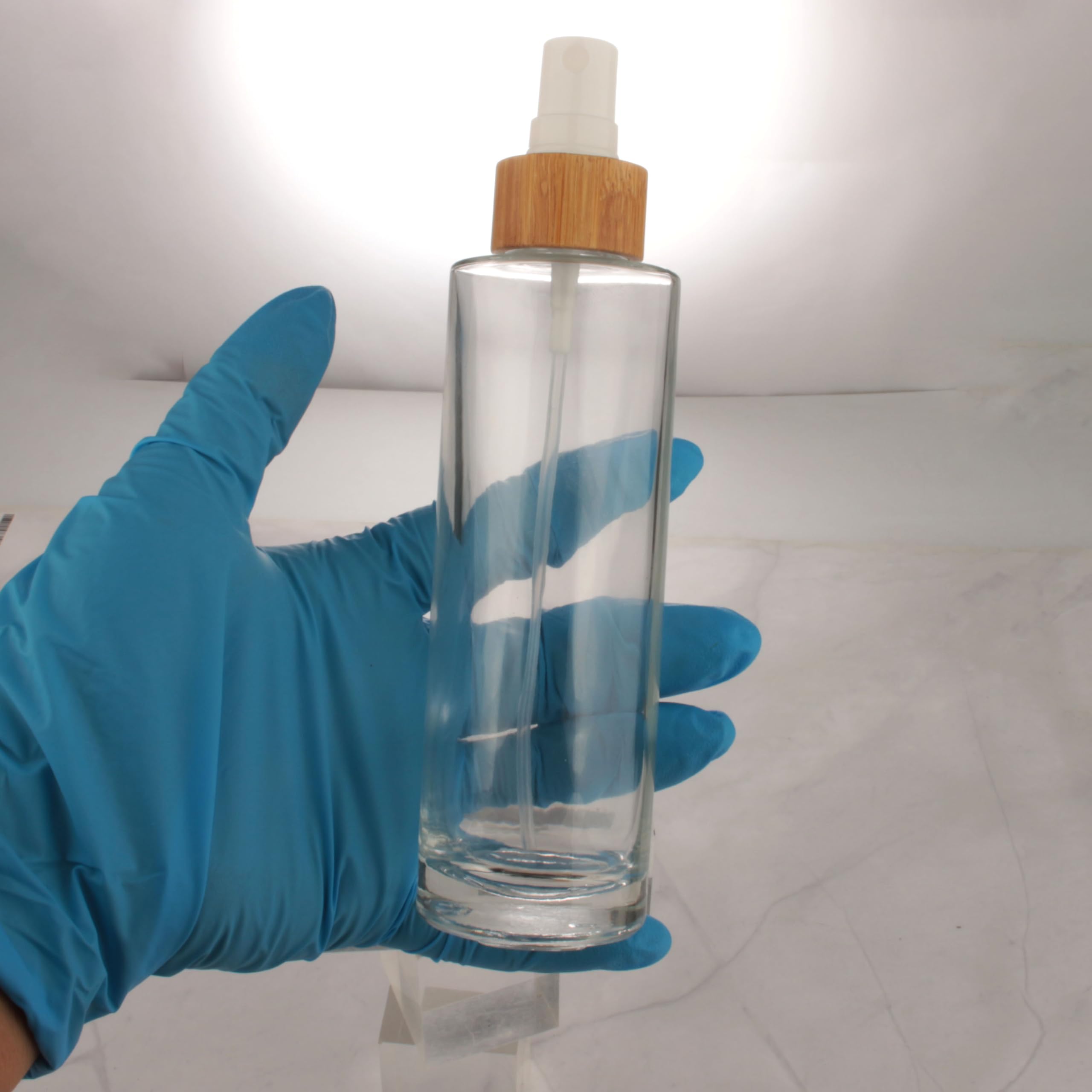 Cosidea 4 Pcs Empty 3.3Oz / 100Ml Bamboo Lid Clear Glass Spray Bottle With Fine Mist Despenser Head For Liquid Perfume Toiletrie