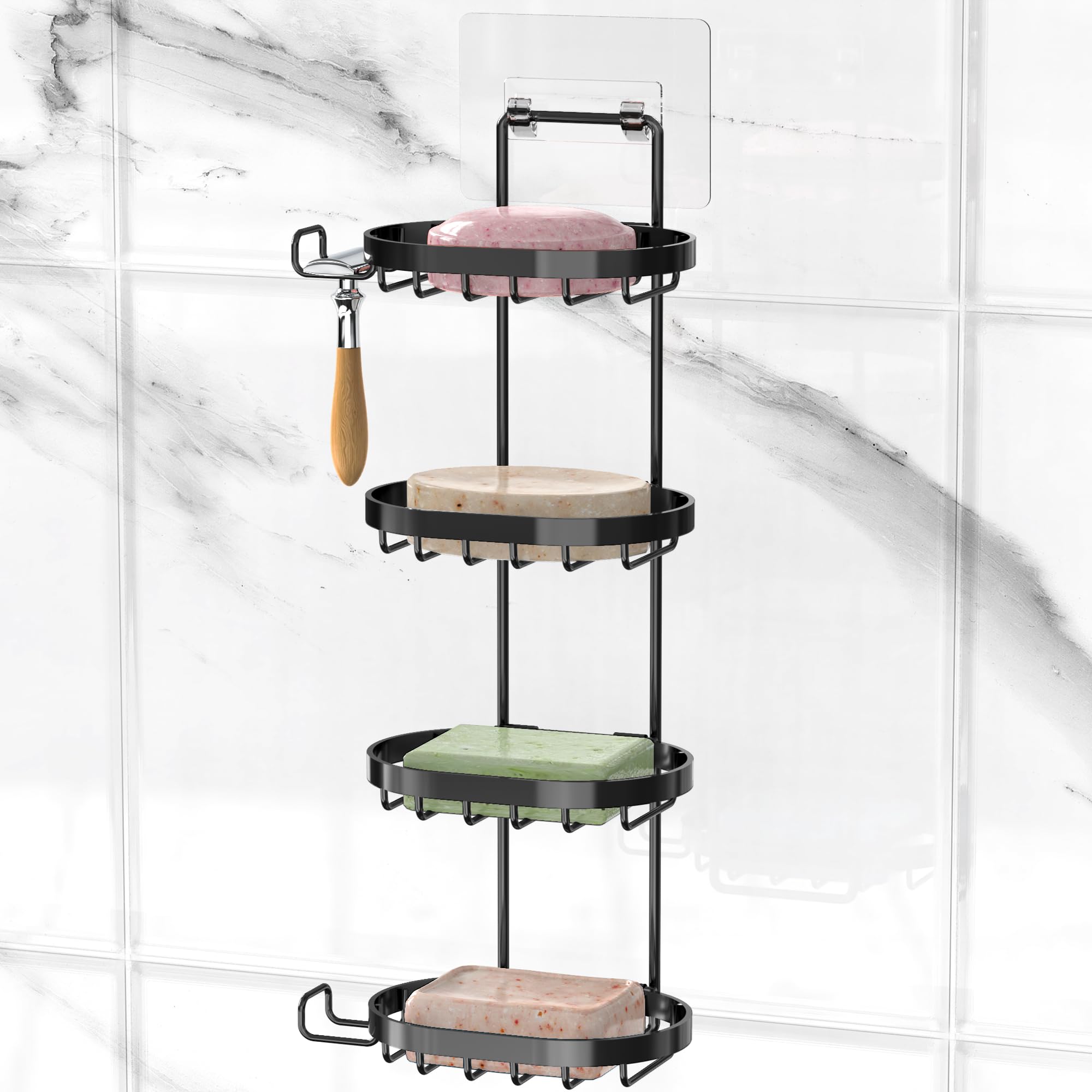 MASADI 4 Tier Soap Dish Holder, Soap Bar Holder with Hooks, Shampoo Bar Caddy for Shower Wall, Razor Holder for Shower, Bar Soap