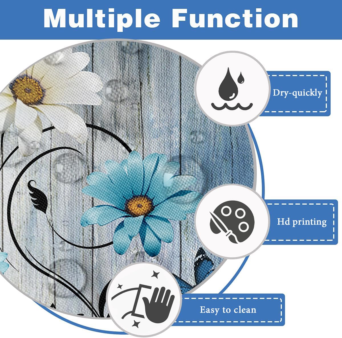 Aatter Blue Floral Flower Shower Curtain Rustic Boho Grey White Yellow Daisy Nature Black Botanical Teal Turquoise Unique Fabric