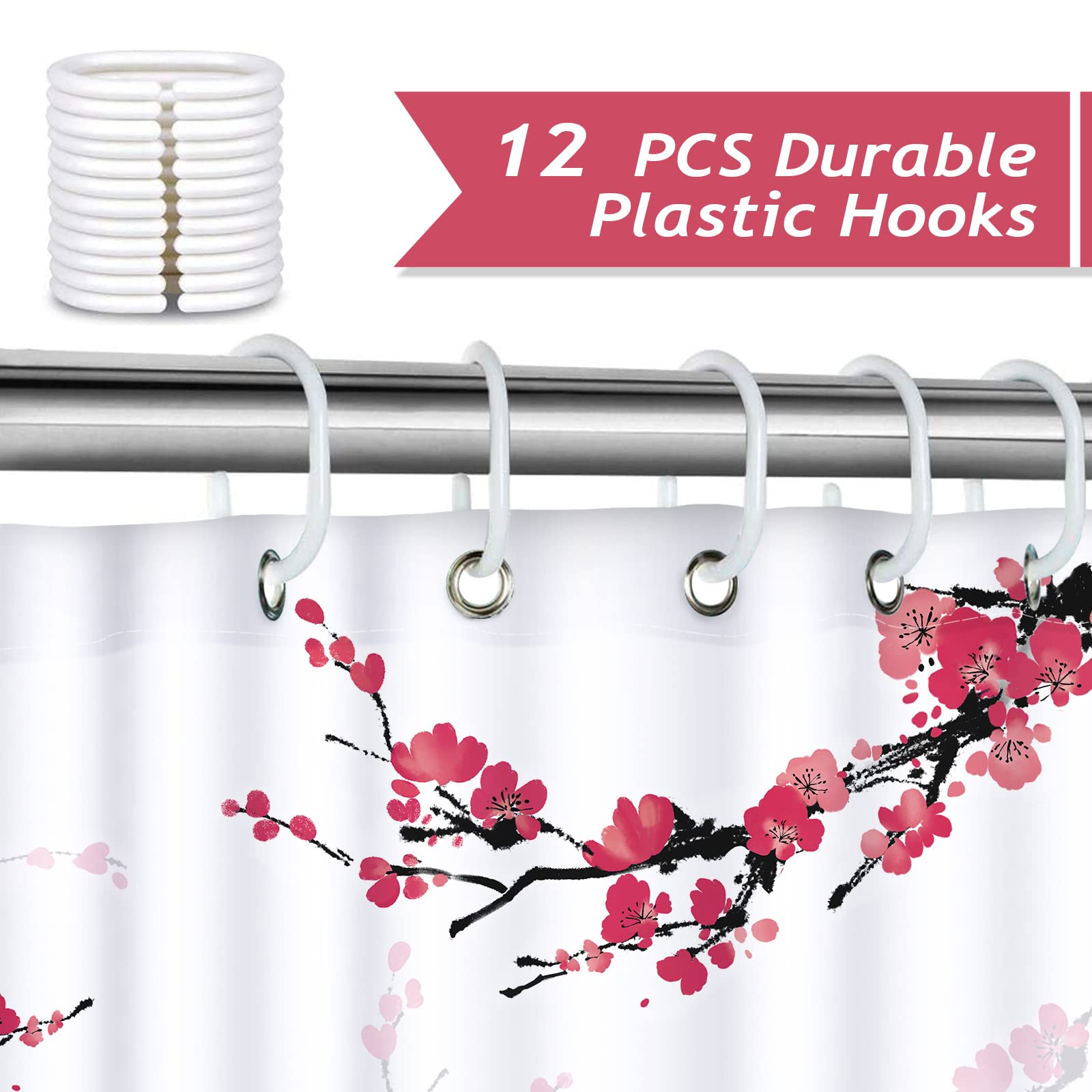 Bonhause Cherry Blossom Shower Curtain Red Plum Floral Japanese Decorative Bath Curtain 72 x 72 Inch Polyester Fabric Waterproof Bathroom Curtain with 12 Hooks