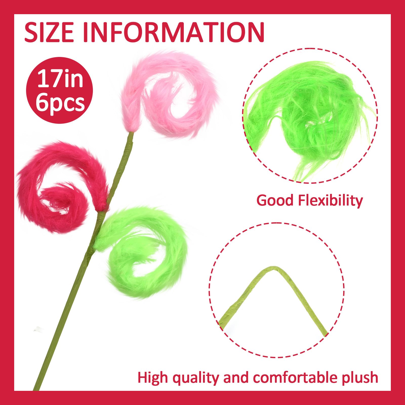 XunYee 6 Pcs Christmas Tree Picks 17in Pink and Lime Green Furry Christmas Tree Topper Spiral Curly Picks Pink and Green Furry T
