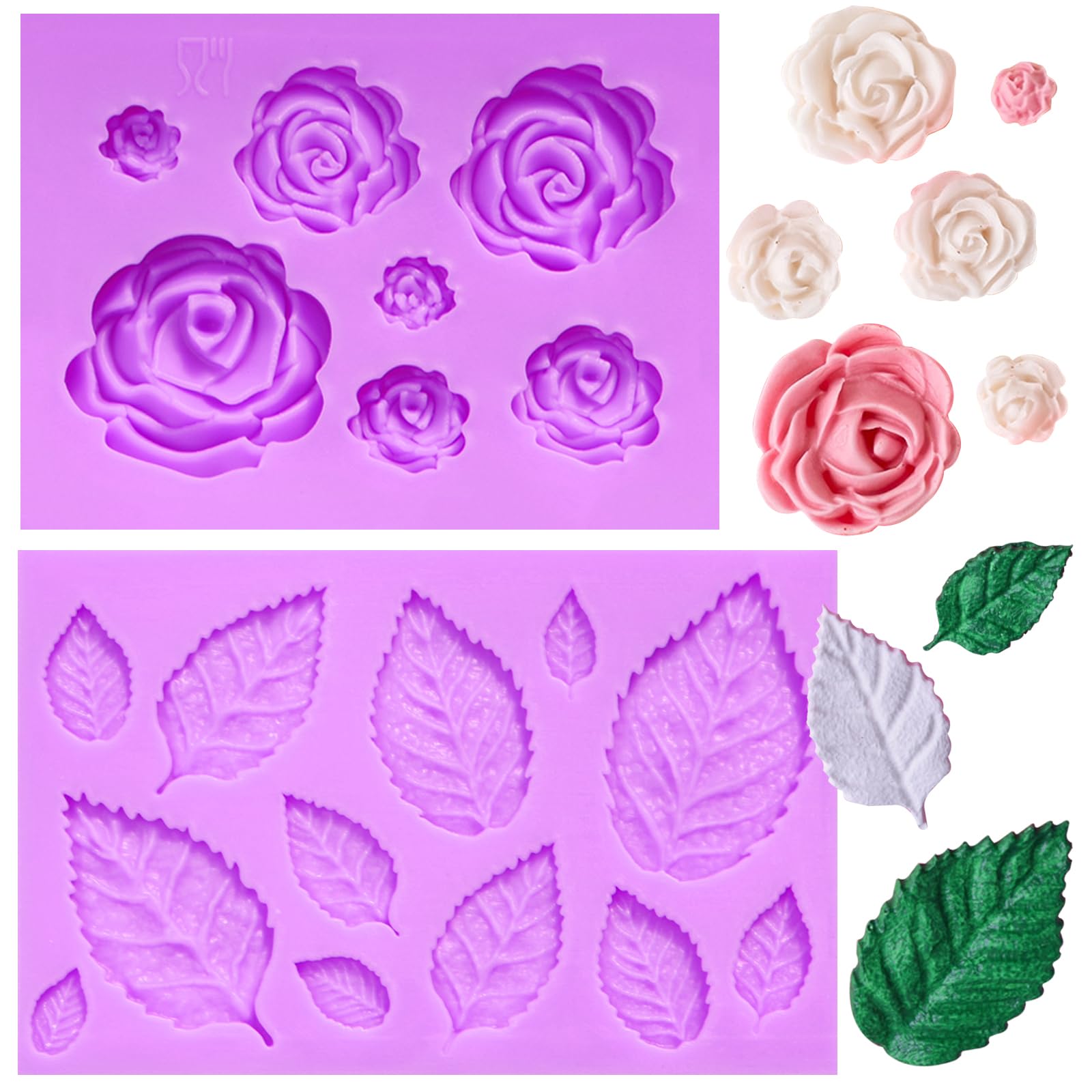 Rose Flower Fondant Molds, Flower and Leaves Silicone Molds, Cake Decoration Chocolate Molds for Cupcake Topper Candy Cookie Cla