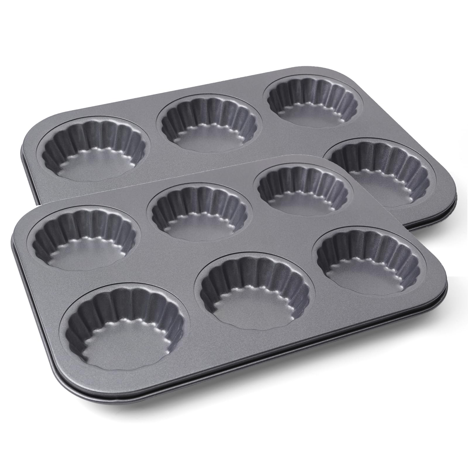 Sinsanye 2 Pack Mini Tart Pan, 2.75 Egg Tart Molds 6Cavity Non Stick Fluted Mini Tart Mould, Reusable Quiche Bakeware Carbon S