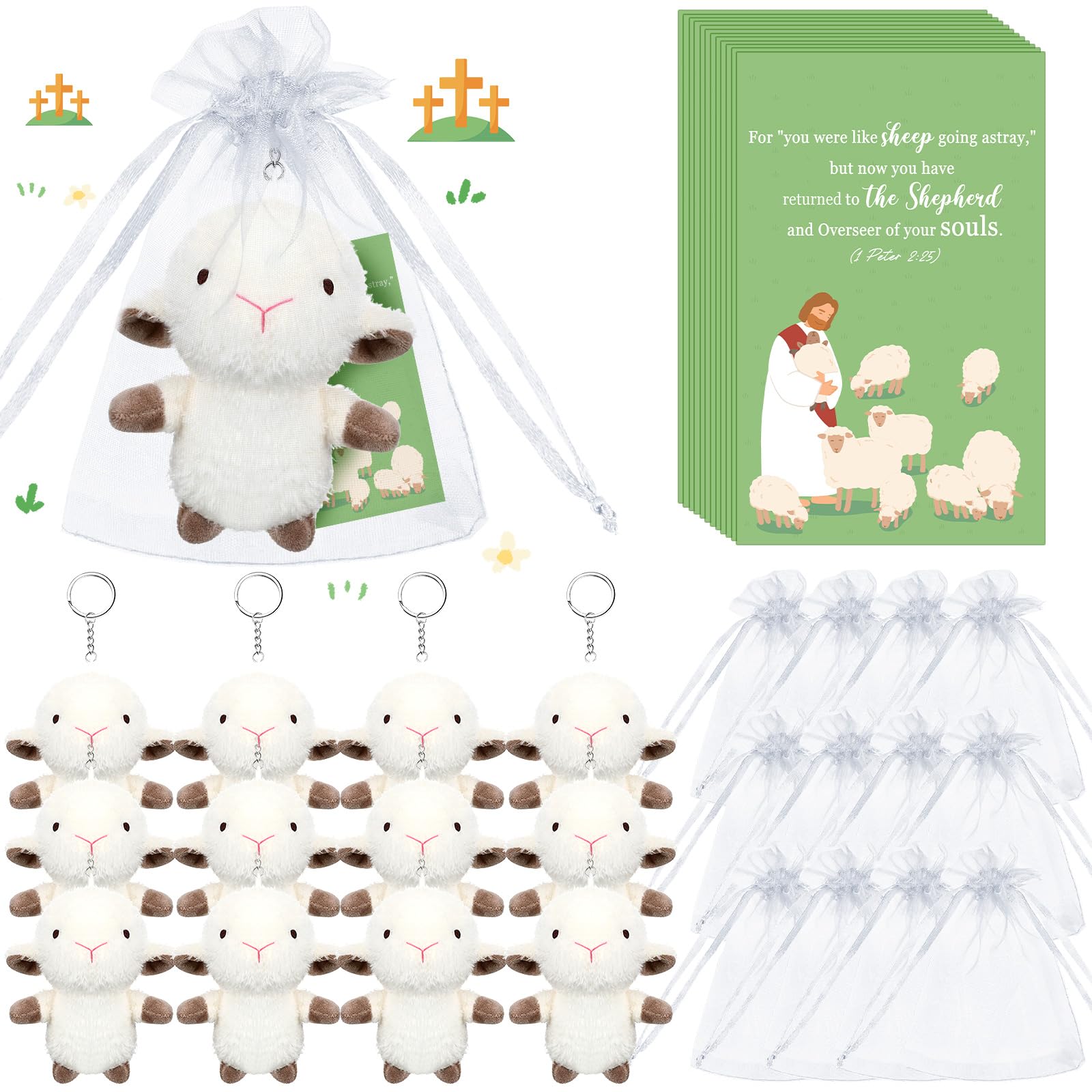 HyDren 12 Set Easter Plush Keychain Gifts 4.72 Inch Cute Stuffed Animal Pray Cards with Organza Bags for Baptism Jesus Gifts Eas