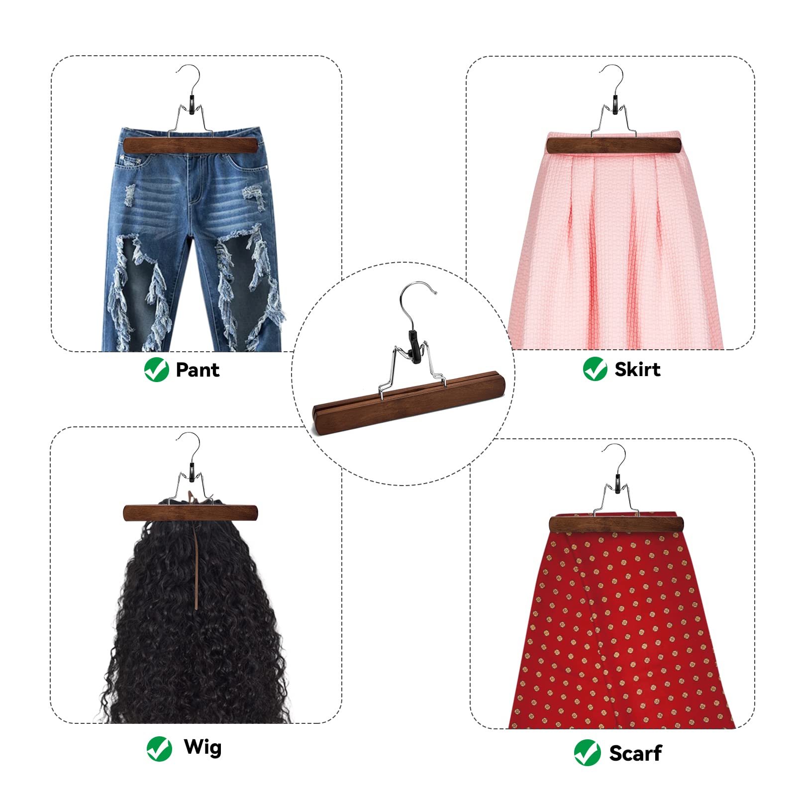 Nature Smile Wooden Pants Hangers 20 Pack Non Slip Skirt Hangers, Smooth Finish Solid Wood Clamp Hangers Hair Extension Hangers