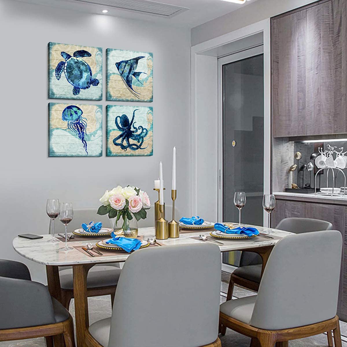 Teal Ocean Animal Bathroom Wall Decor Aqua Blue Octopus Turtle Wall Art Sea Fish Angelfish Canvas Print Mediterranean Style Pain