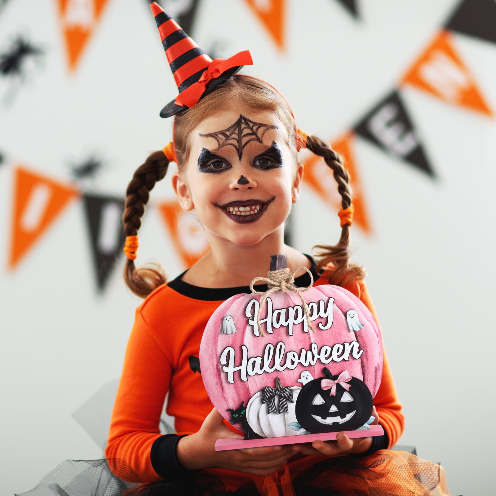 Soaoo Halloween Decoration Wooden Pink Pumpkin Sign Scary Pumpkin Table Decor 11 Inch Wooden Happy Halloween Desktop Ornament fo