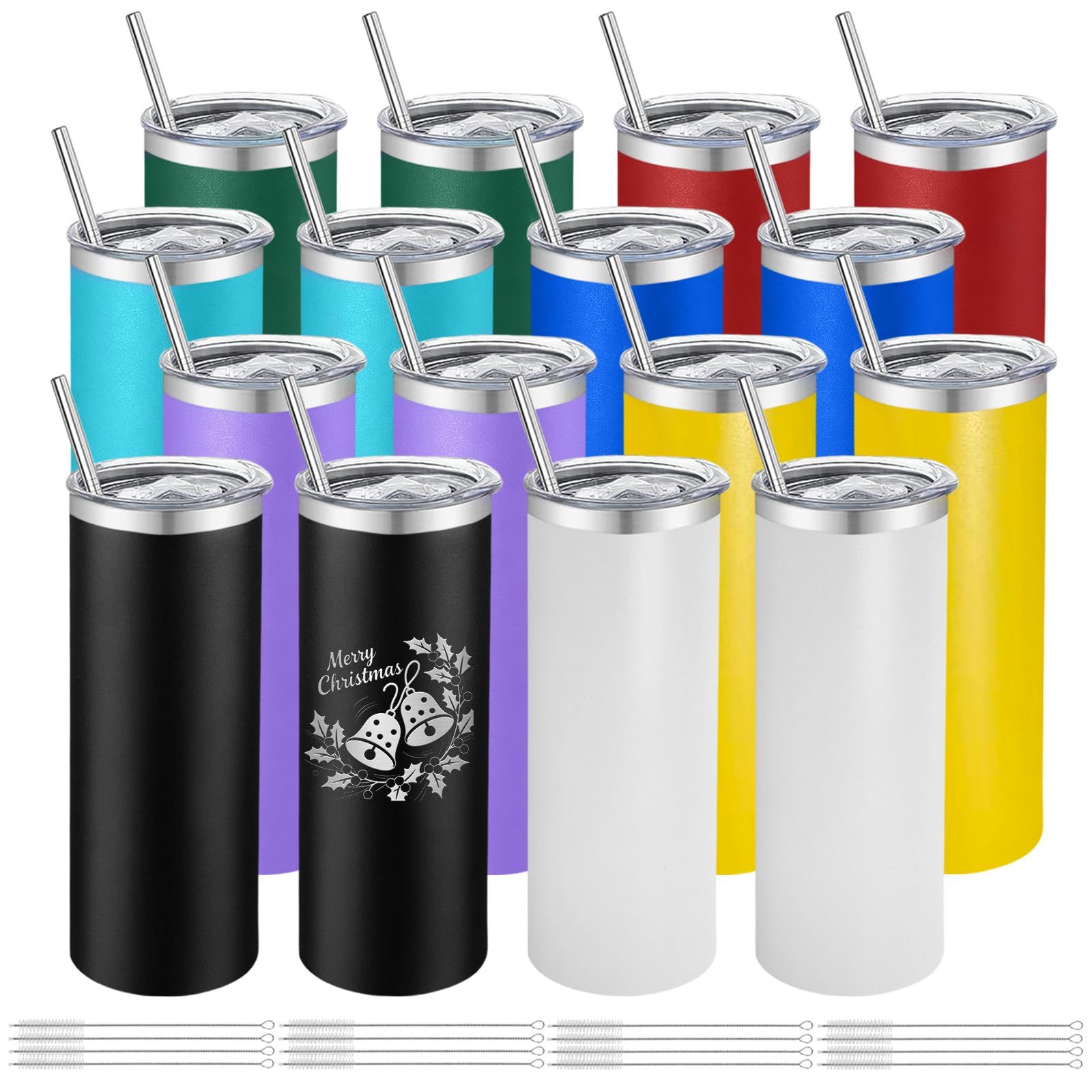 YOUKE OLA 16 Pack Stainless Steel Skinny Edge Tumblers Bulk Straight Double Wall Powder Coated Insulated Tumbler with Lid and St