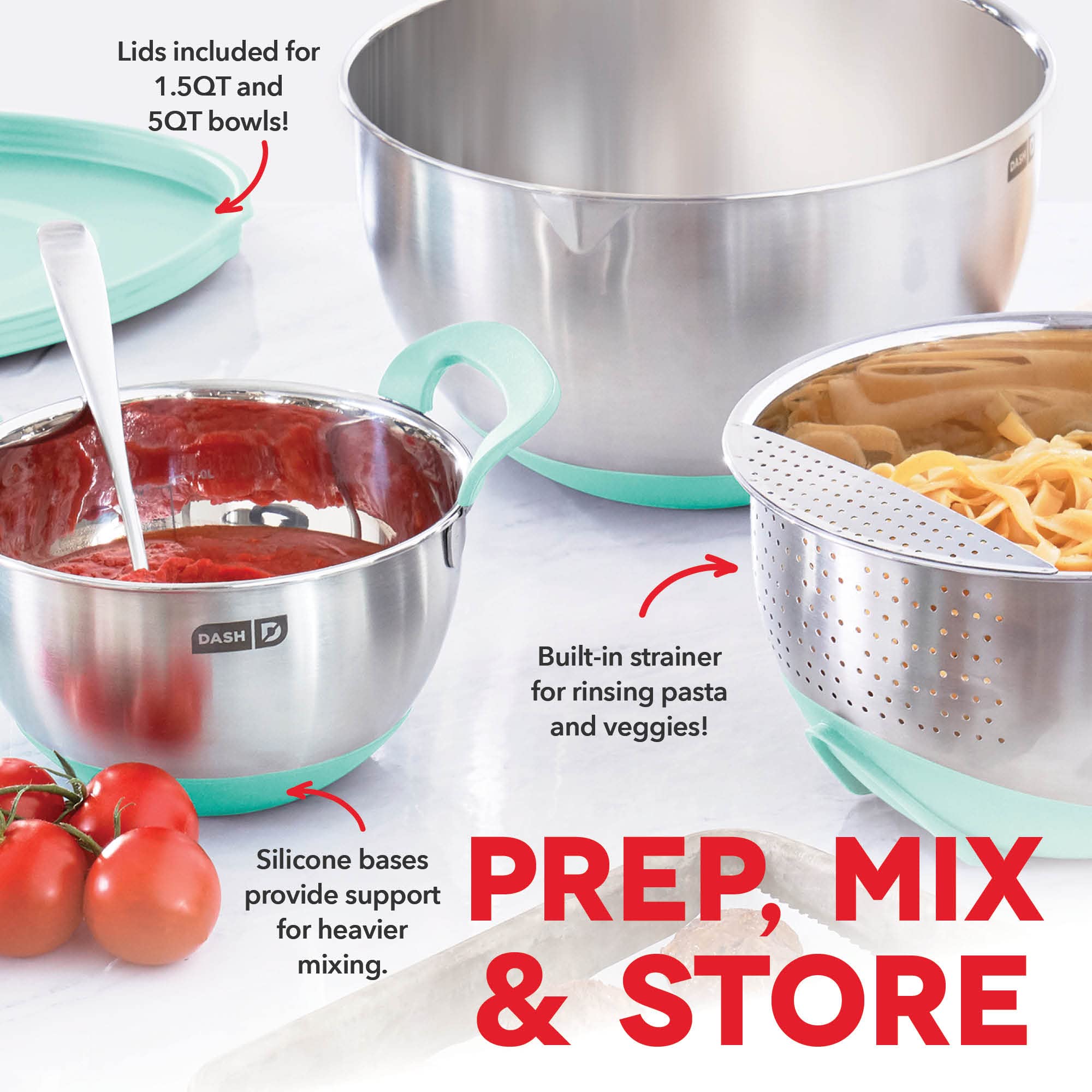 Dash Stainless Steel Mixing Bowls With Lids, Silicone Non-Slip Base With Measuring Lines And Strainer, 3 Bowl Set - 1.5 Quart, 3