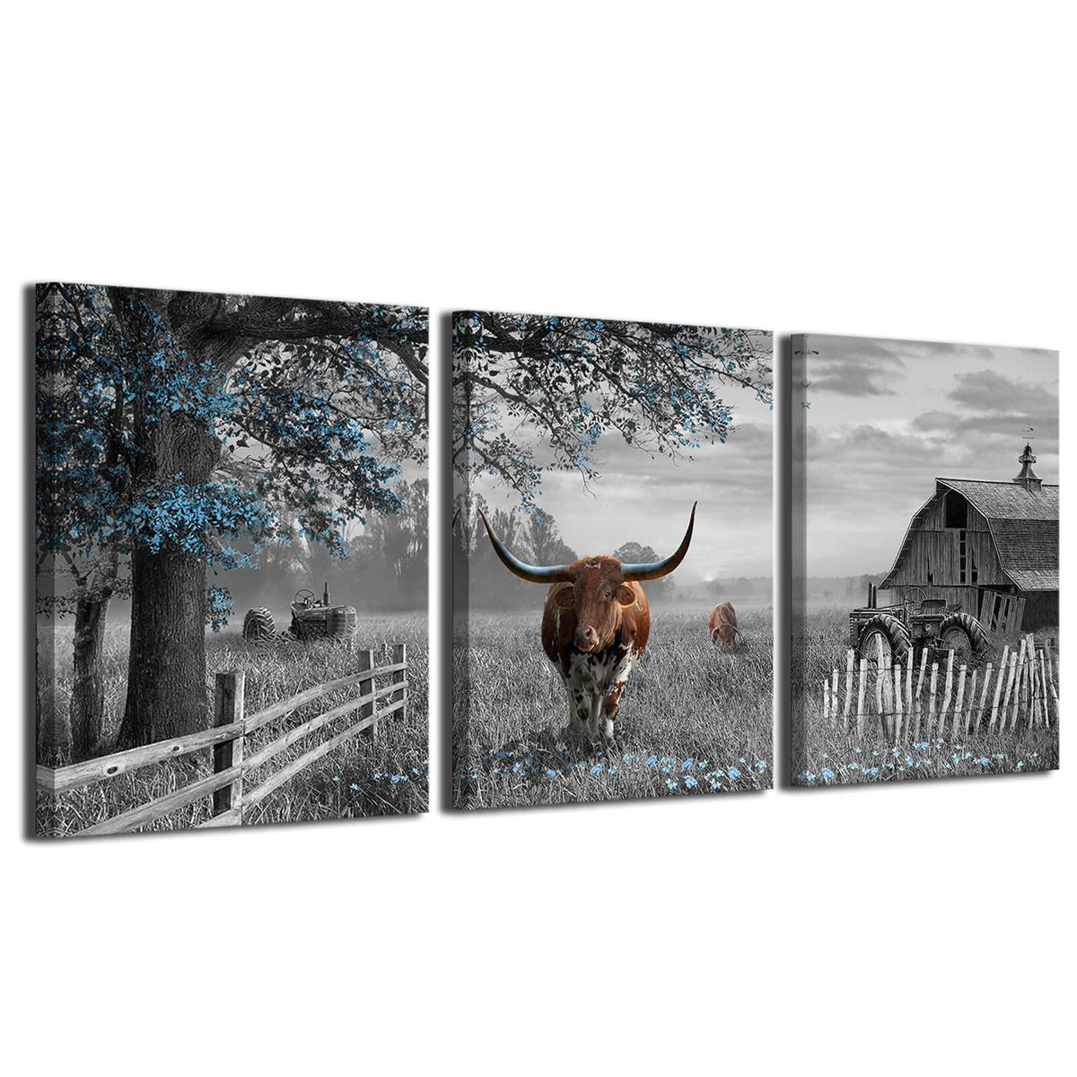 Yiijeah Western Wall Decor - Rustic Blue Tree Brown Cow 3 Piece Wall Art - Farmhouse Black And White Picture Canvas Artwork For