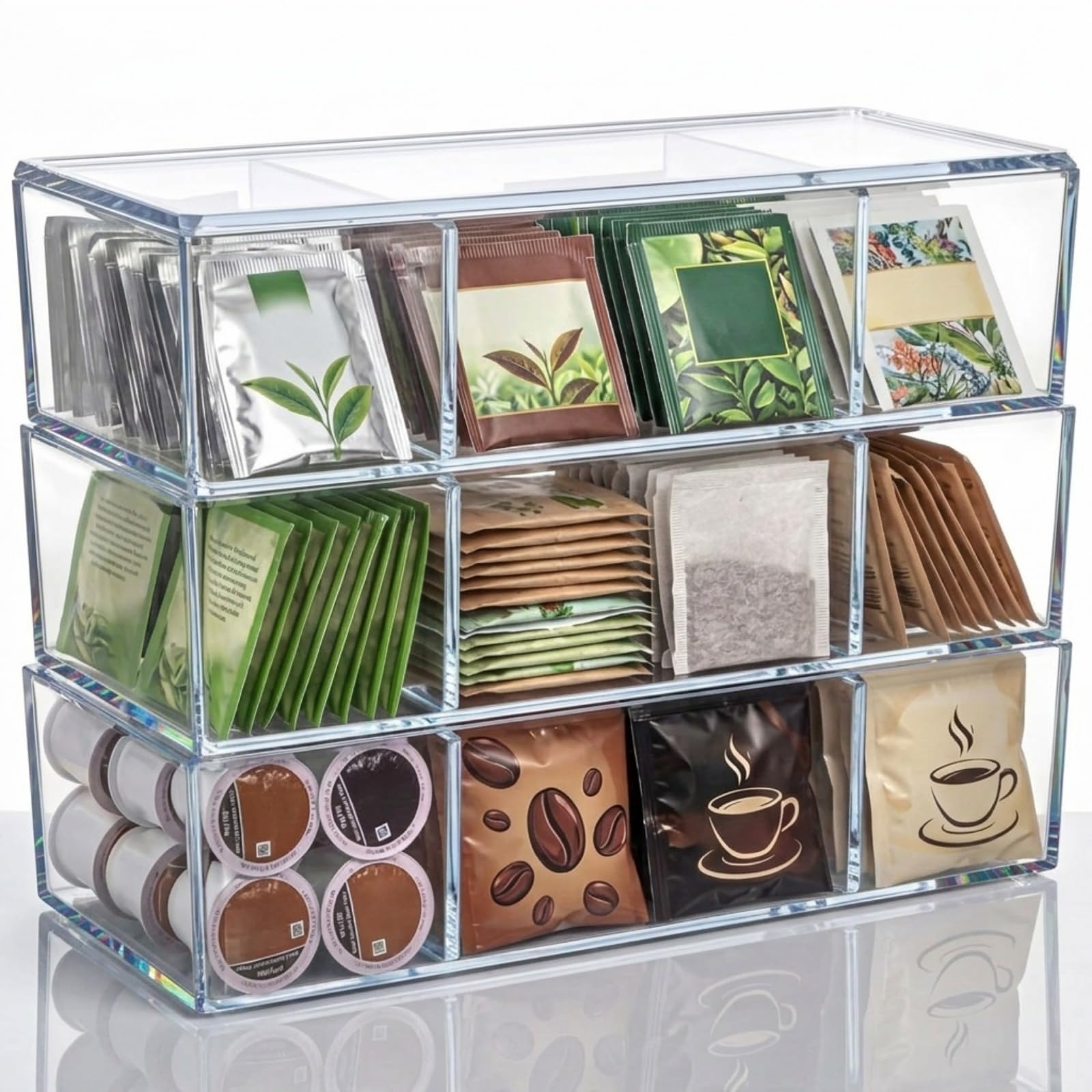 Hoteam 3 Pack Flip Top Tea and Coffee Organizer with Lids, Clear Stackable Plastic Tea Bag Storage Organizer for Cabinet Counter