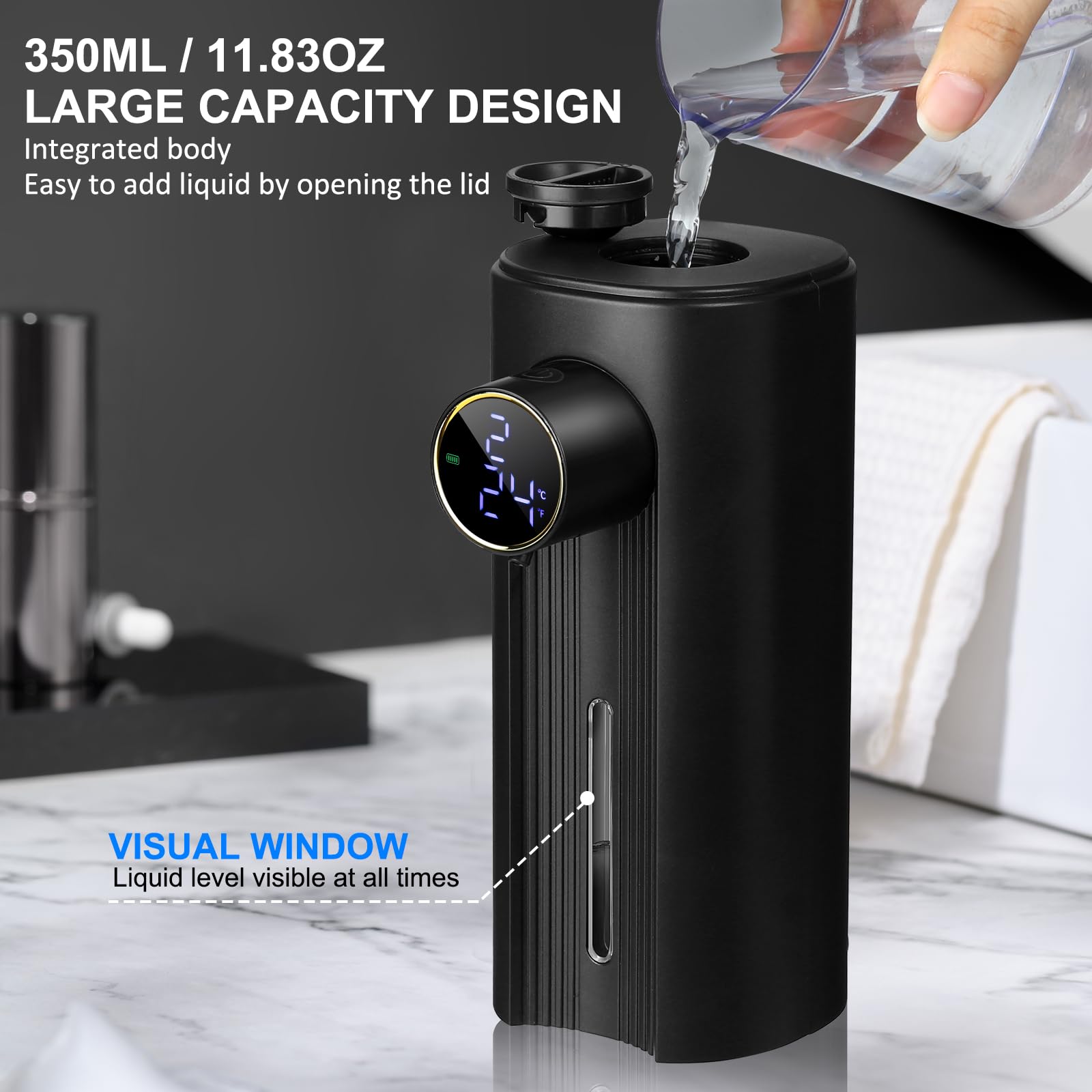 Automatic Soap Dispenser Liquid Bathroom: Black Plastic Rechargeable Modern Touchless Countertop 5 Adjustable Auto Smart Electri