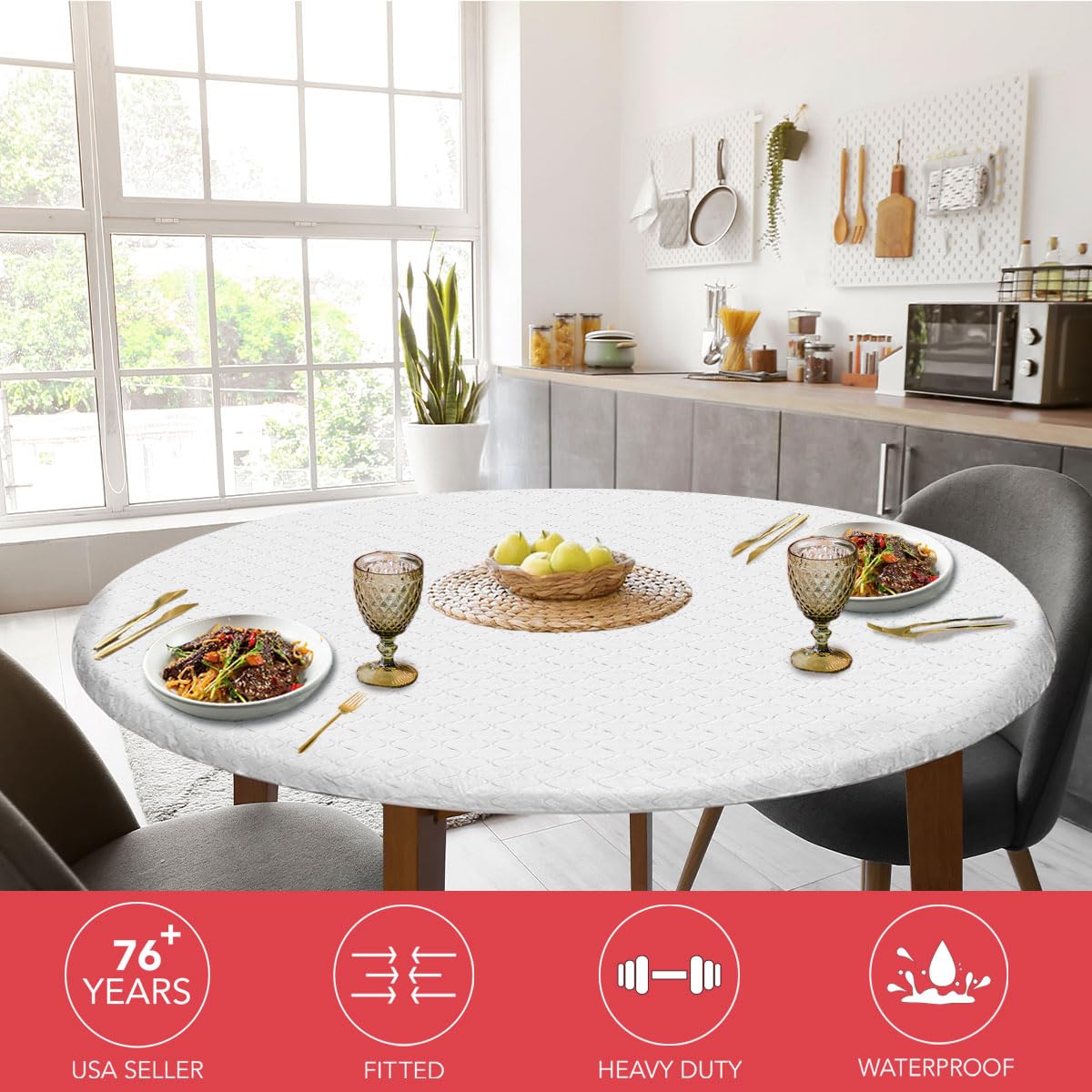 Covers For The Home Deluxe Elastic Edged Flannel Backed Vinyl Fitted Table Cover - Quilted White Pattern - Small Round Oblong Ov