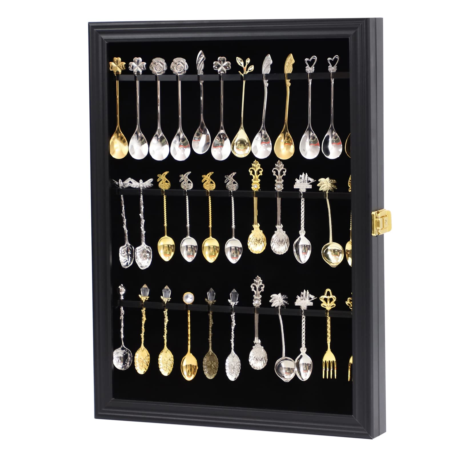 Comsrev 36 Souvenir Tea Spoon Display Case Collection Collector Rack Wall Mount Wooden W/98% Uv Acrylic Door Lockable(Black)