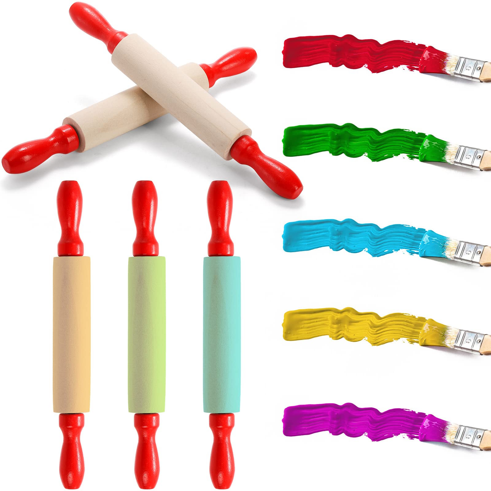 Soujoy Set Of 12 Mini Rolling Pin, 8 Inch Wood Dough Roller For Baking With Red Handle, Small Clay Rolling Pin For Craft Fondant