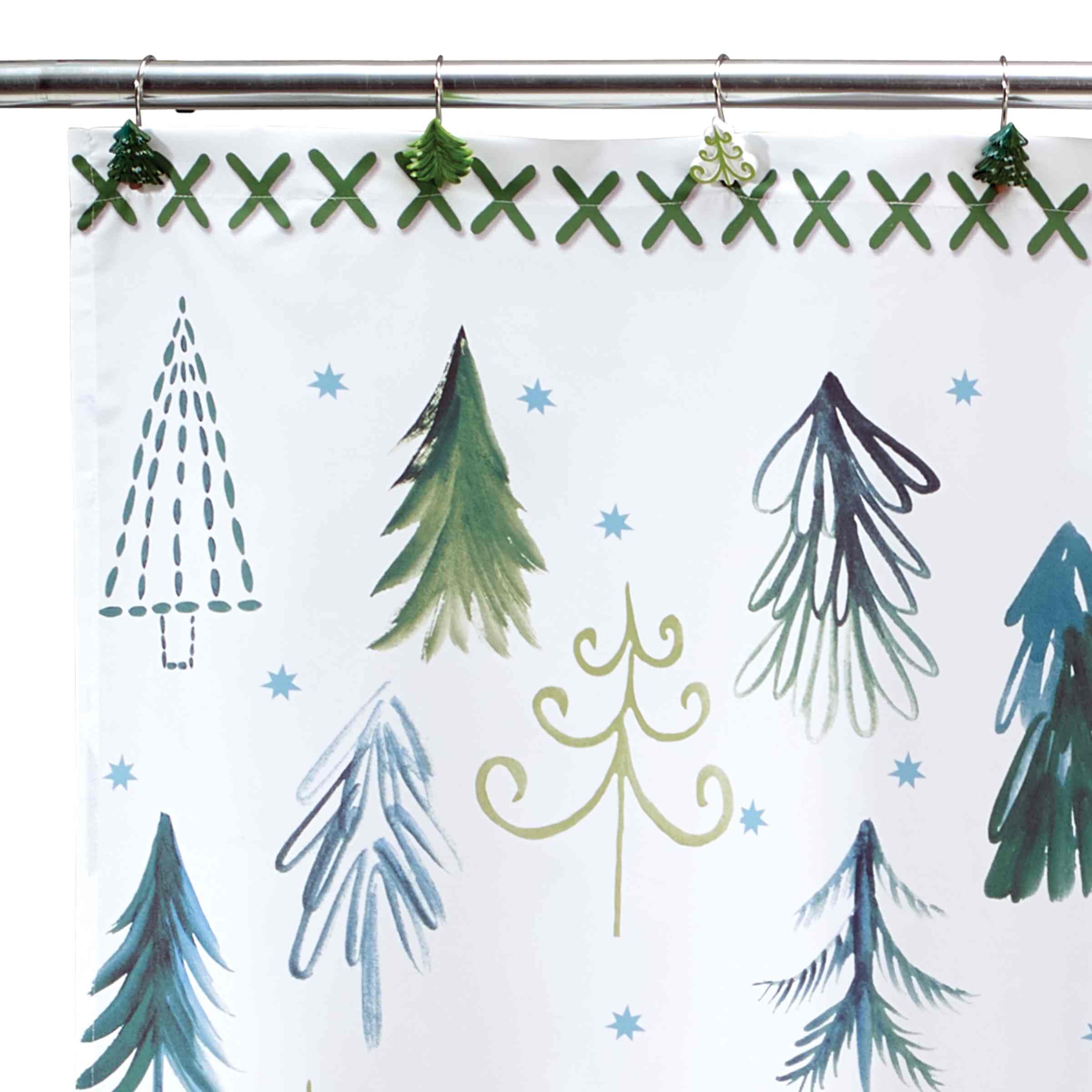 Avanti Linens - Shower Set, Fabric Shower Curtain & 12Pc Hooks, Christmas Decorations (Christmas Trees Collection)