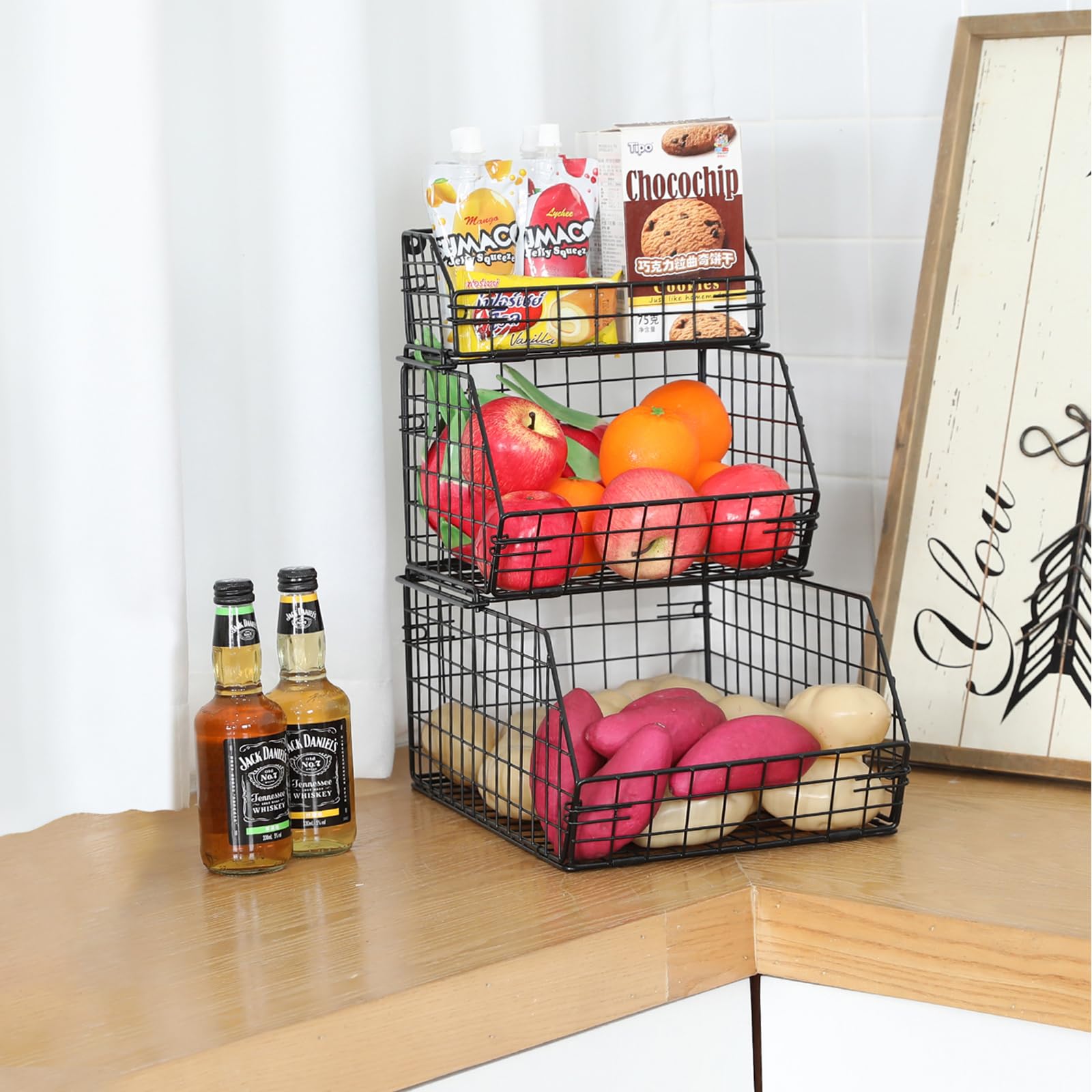 Yuzehuaza 3 Tier Fruit And Vegetable Basket Wall-Mounted & Countertop Organizer For Potato Onion Stackable Wire Baskets For Pant