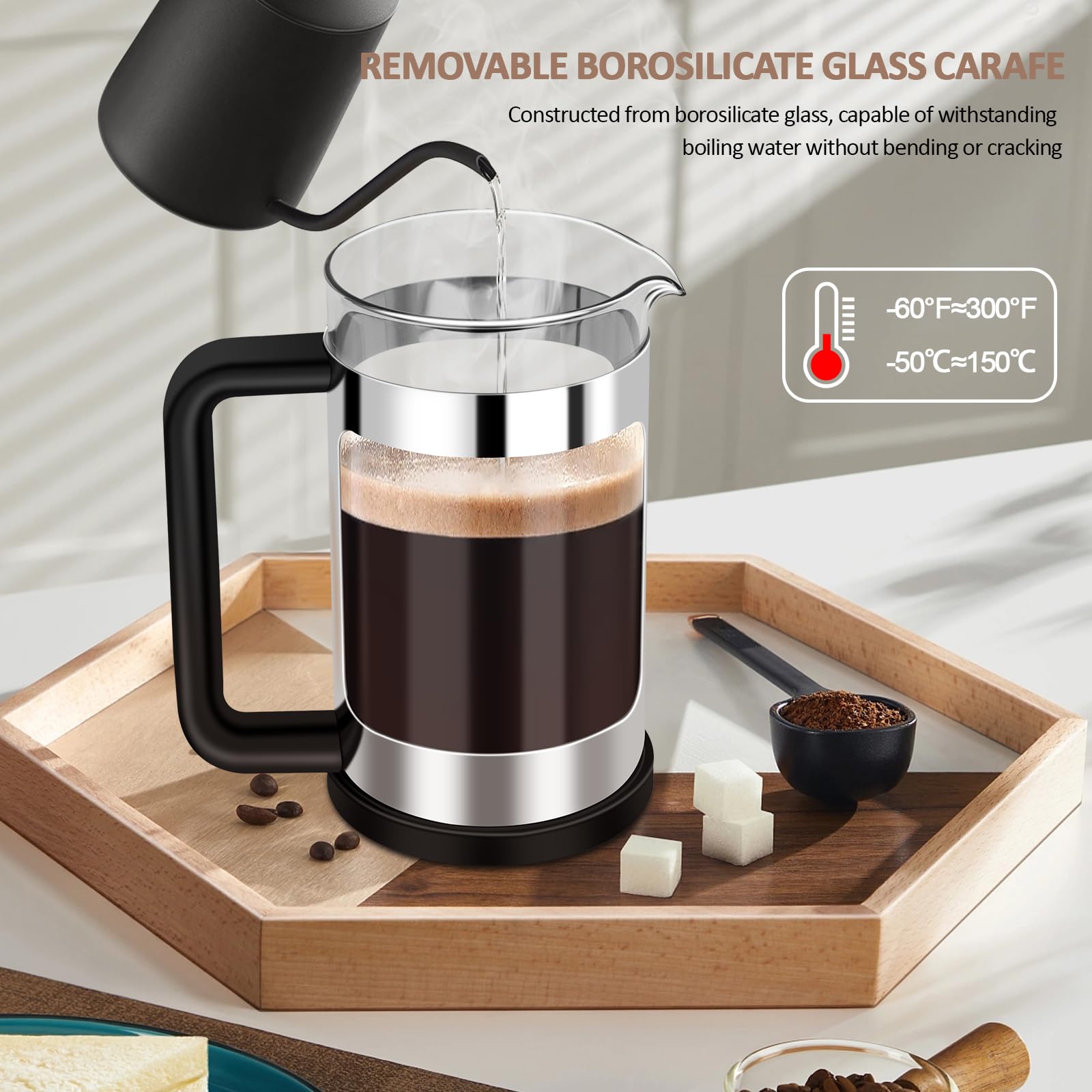 Rainbean French Press Coffee Maker 12 Oz, Mini Coffee Press 1 Cup, Single Serve French Press, With 3 Filterations, Heat Resistan