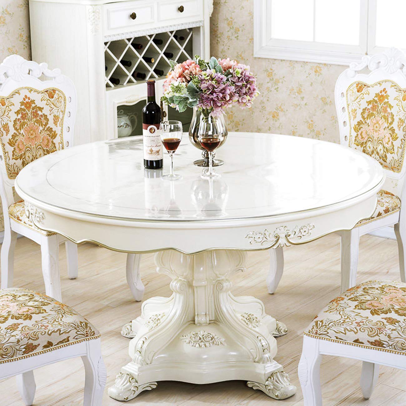 LinkGro 42 Inch Clear Round PVC Plastic Table Protector Cover Vinyl Tablecloth Clear PVC Table Protector Round Dining Kitchen Table Wood Furniture Protector Wipeable Waterproof Table Runner Protector