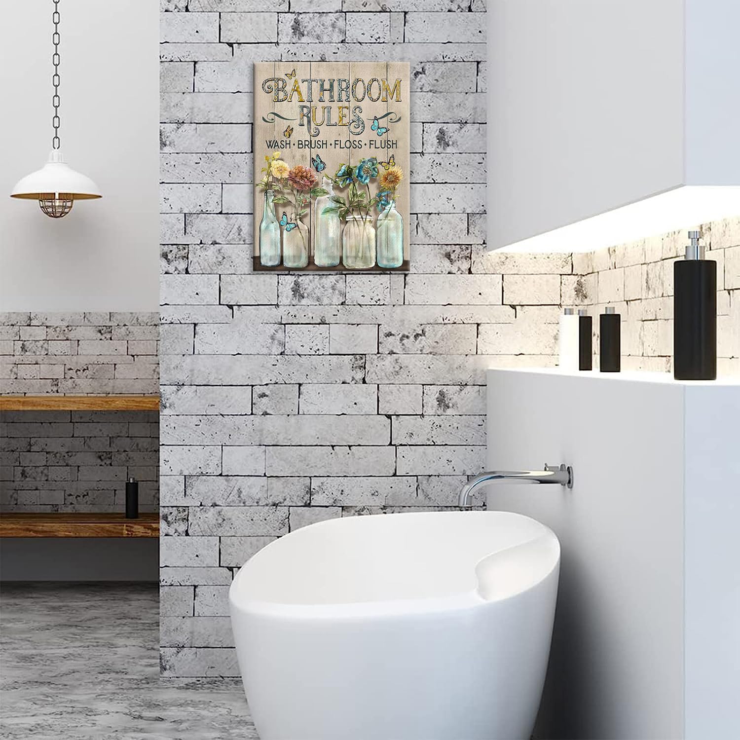 Shuweienphant Farmhouse Bathroom Wall Art Flower Butterfly Floral Pictures Wall Decor Bathroom Rules Mason Jar Canvas Painting P